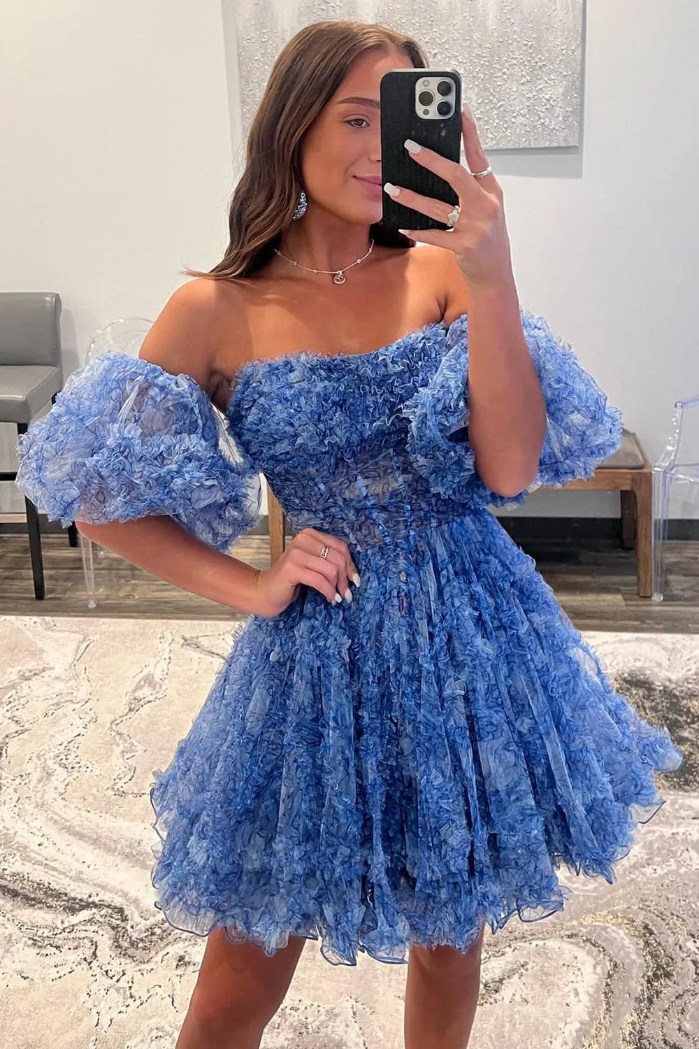 A Line Off the Shoulder Printed Above Knee Homecoming Dresses with Ruffled Beautiful