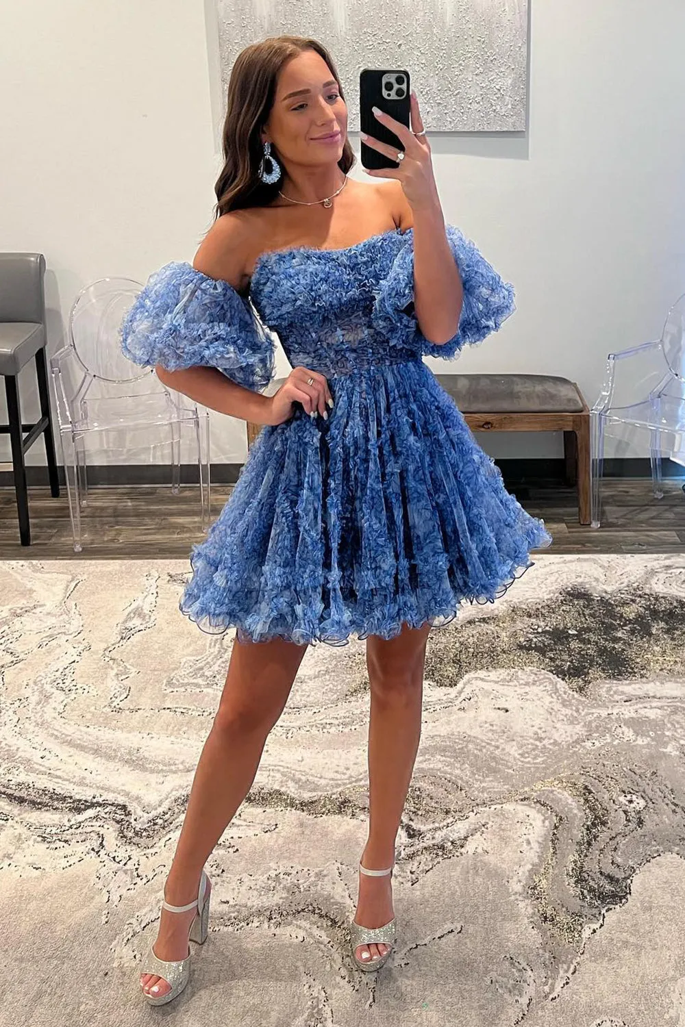 A Line Off the Shoulder Printed Above Knee Homecoming Dresses with Ruffled Beautiful