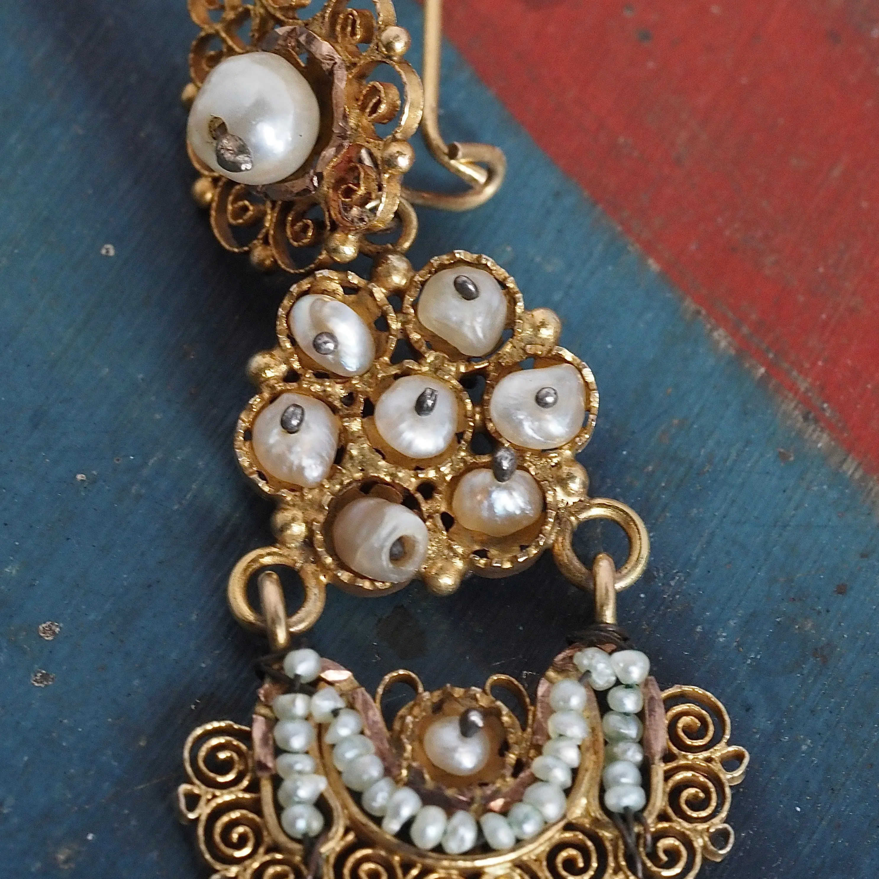 Antique Oaxacan Seed Pearl Gold Earrings