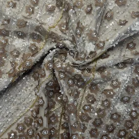 Beige Cutdana Sequins Embroidery Net Fabric 19710