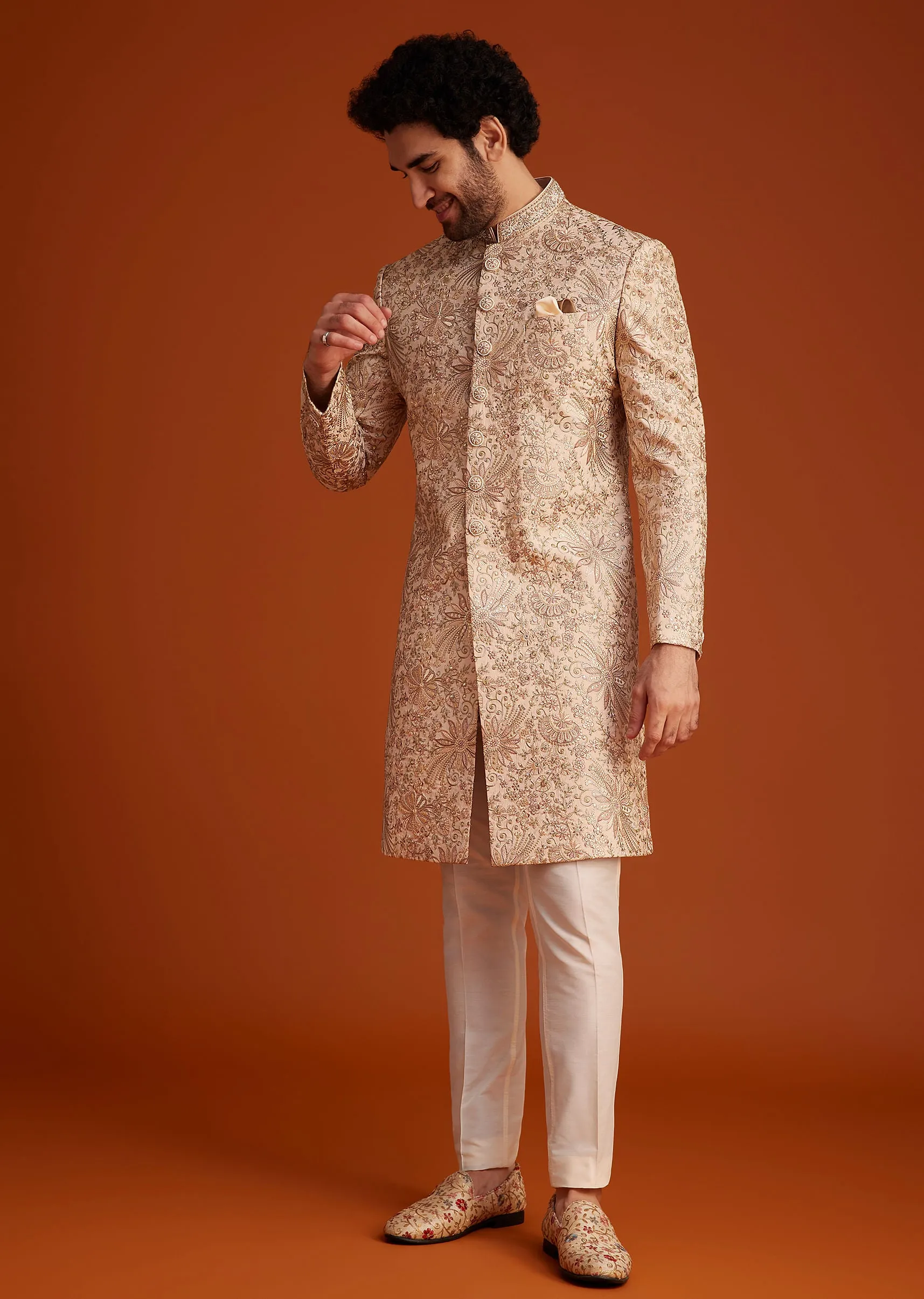 Beige Embroidered Sherwani With Detailed Motifs