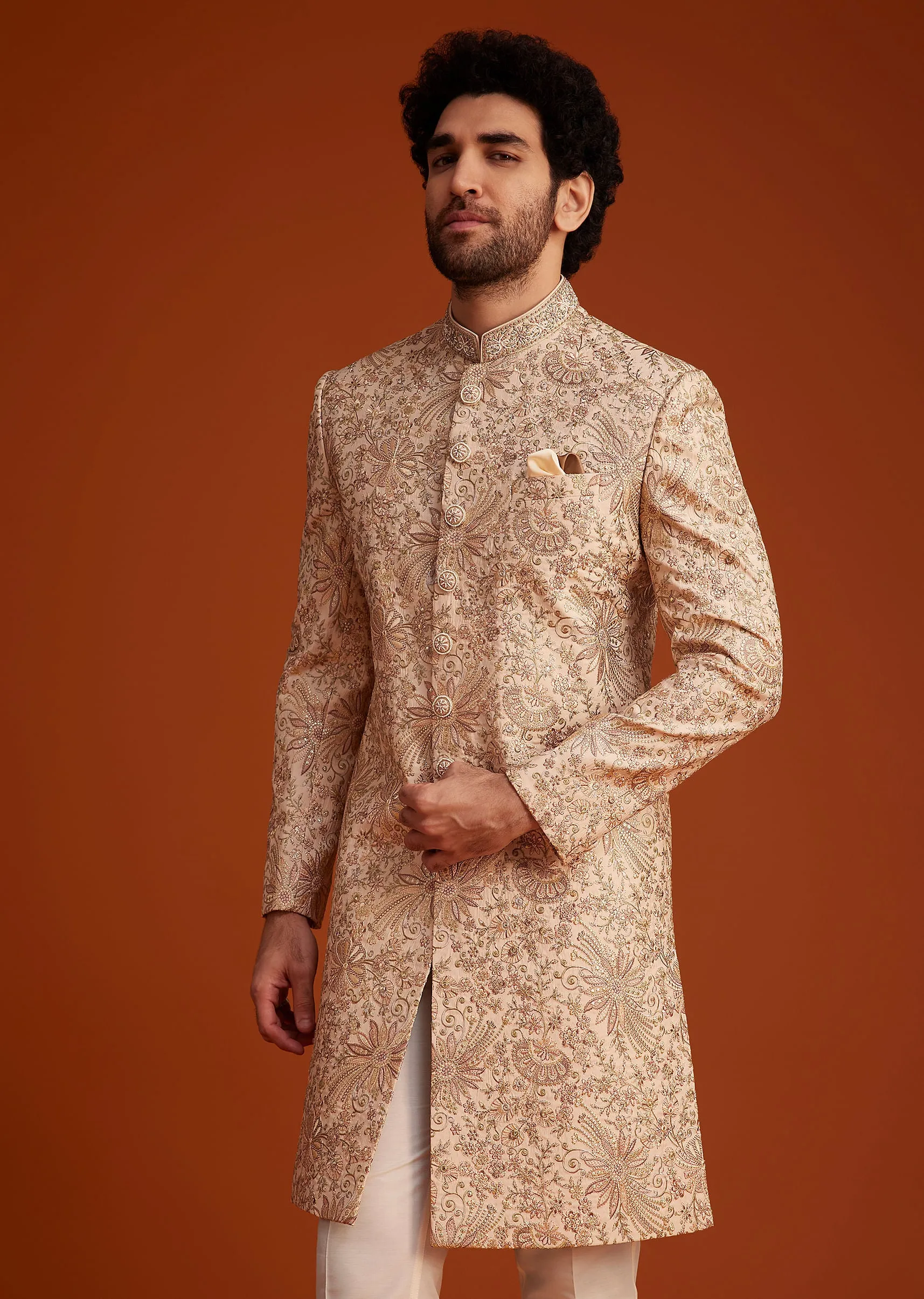 Beige Embroidered Sherwani With Detailed Motifs