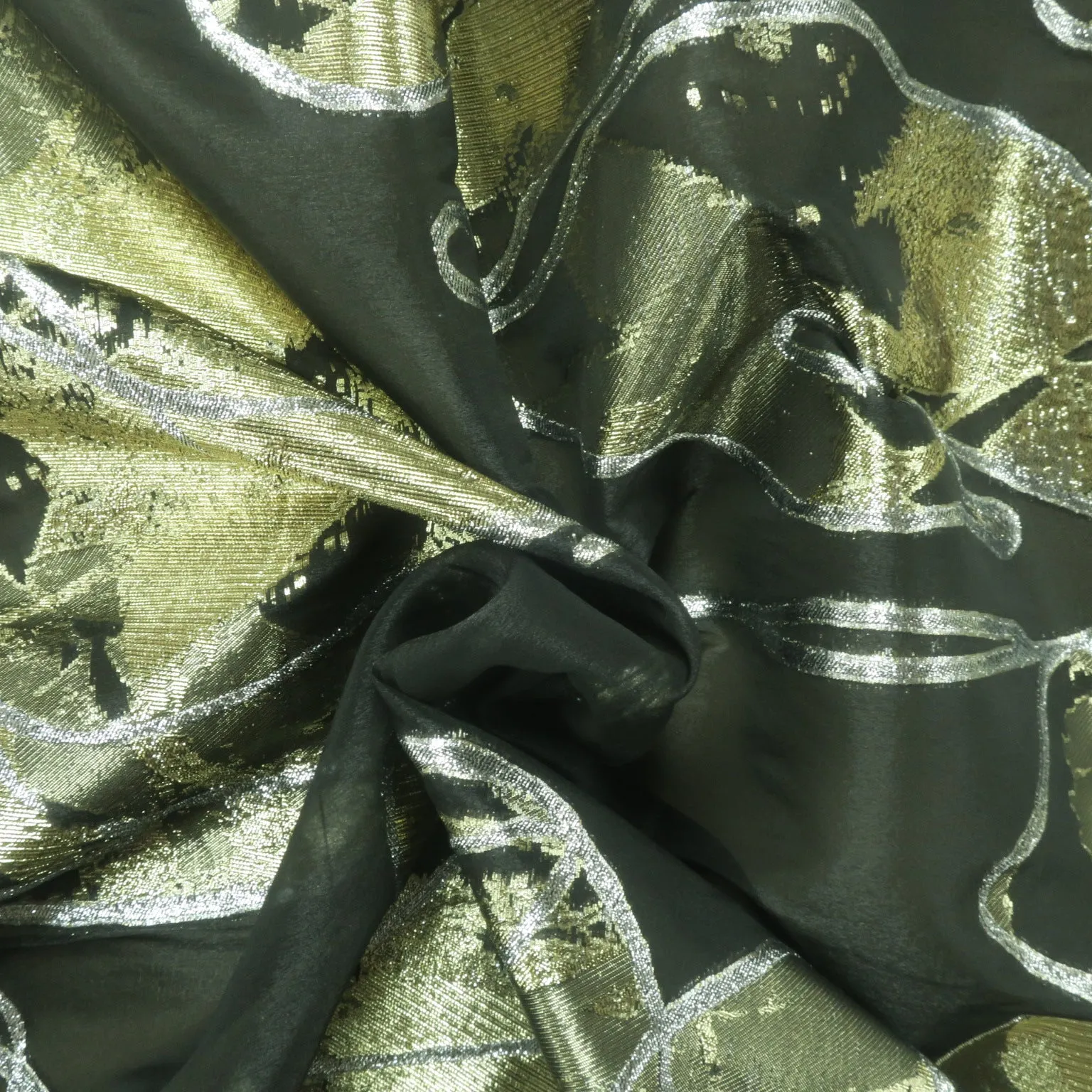 Black and Gold Abstract Textured Brocade Fabric