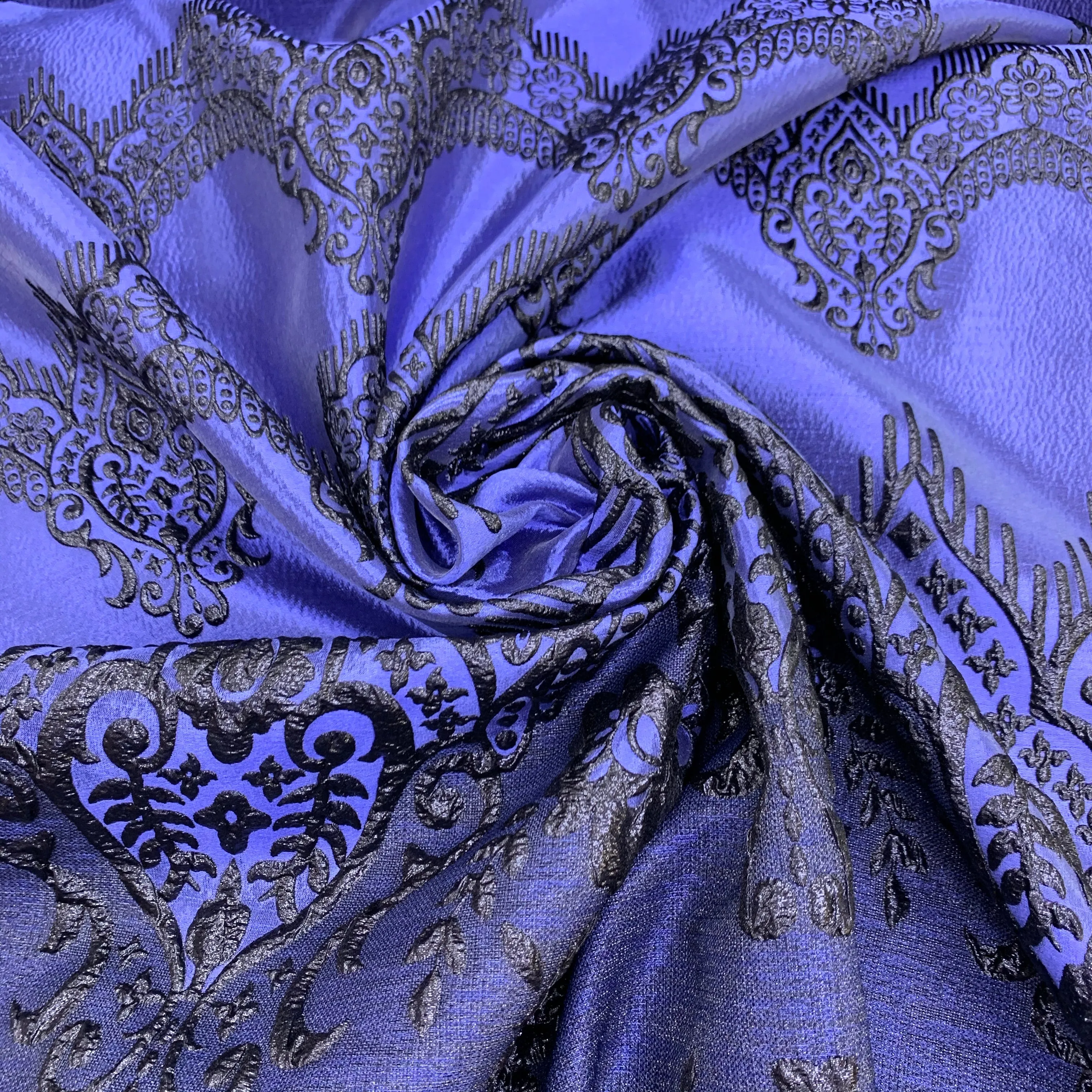 Black And Purple/Blue Damask Textured Brocade Fabric