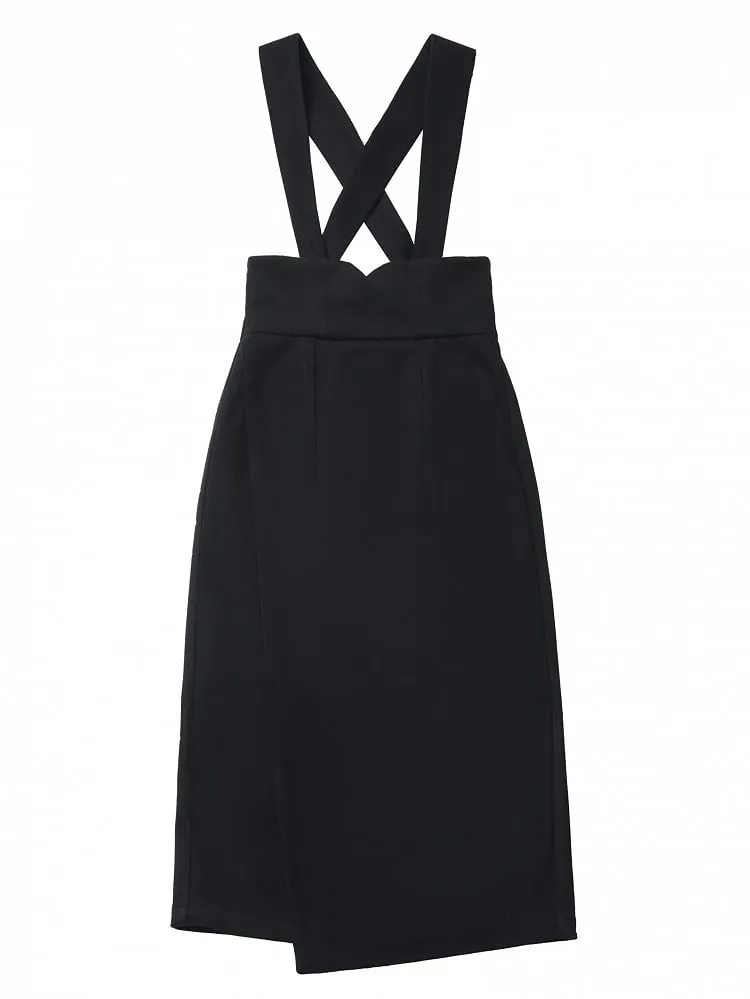 Black Detachable Shoulder Straps Overall Woolen Midi Skirt Asymmetrical Hem
