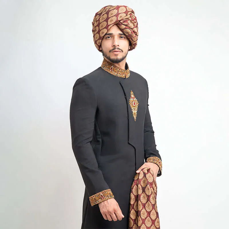 Black Jewel Form Fitted Sherwani