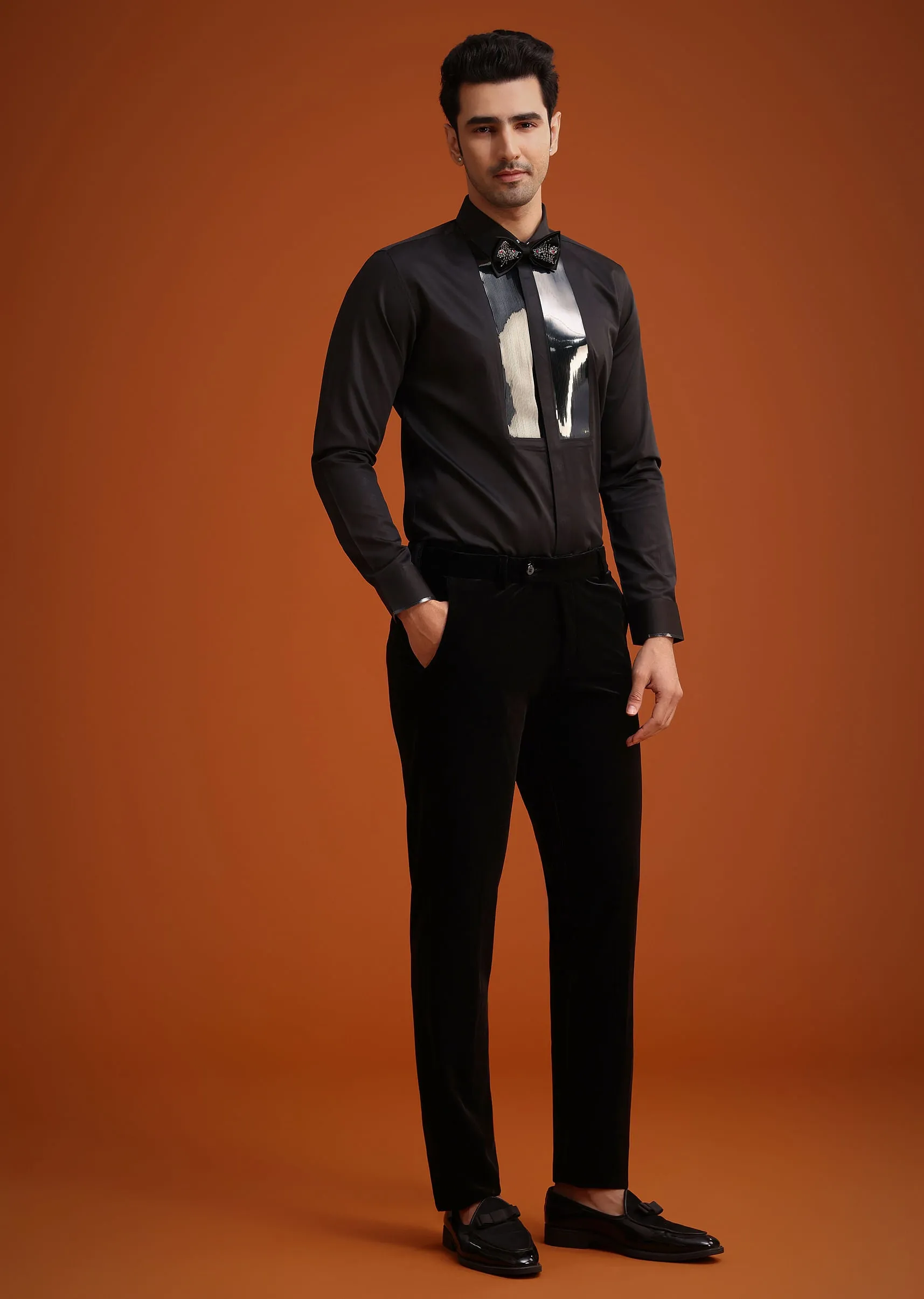 Black Micro Velvet Cutdana Embellished Tuxedo Set