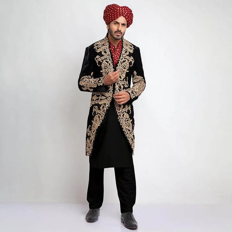 Black Shux Sherwani with Heavy Anchor Threadwork