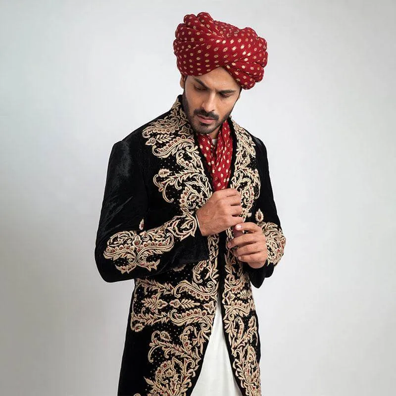 Black Shux Sherwani with Heavy Anchor Threadwork