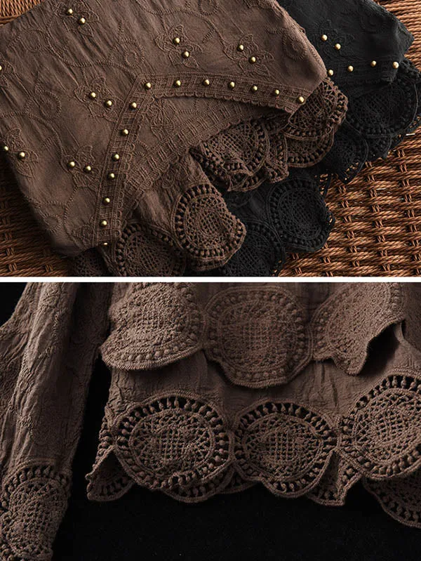 Black&Coffee Lacy Hollow V-Neck Long Sleeve Shirts