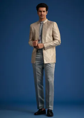 Blue Banarasi Silk Jodhpuri Suit With Pin Tuck Double Collar