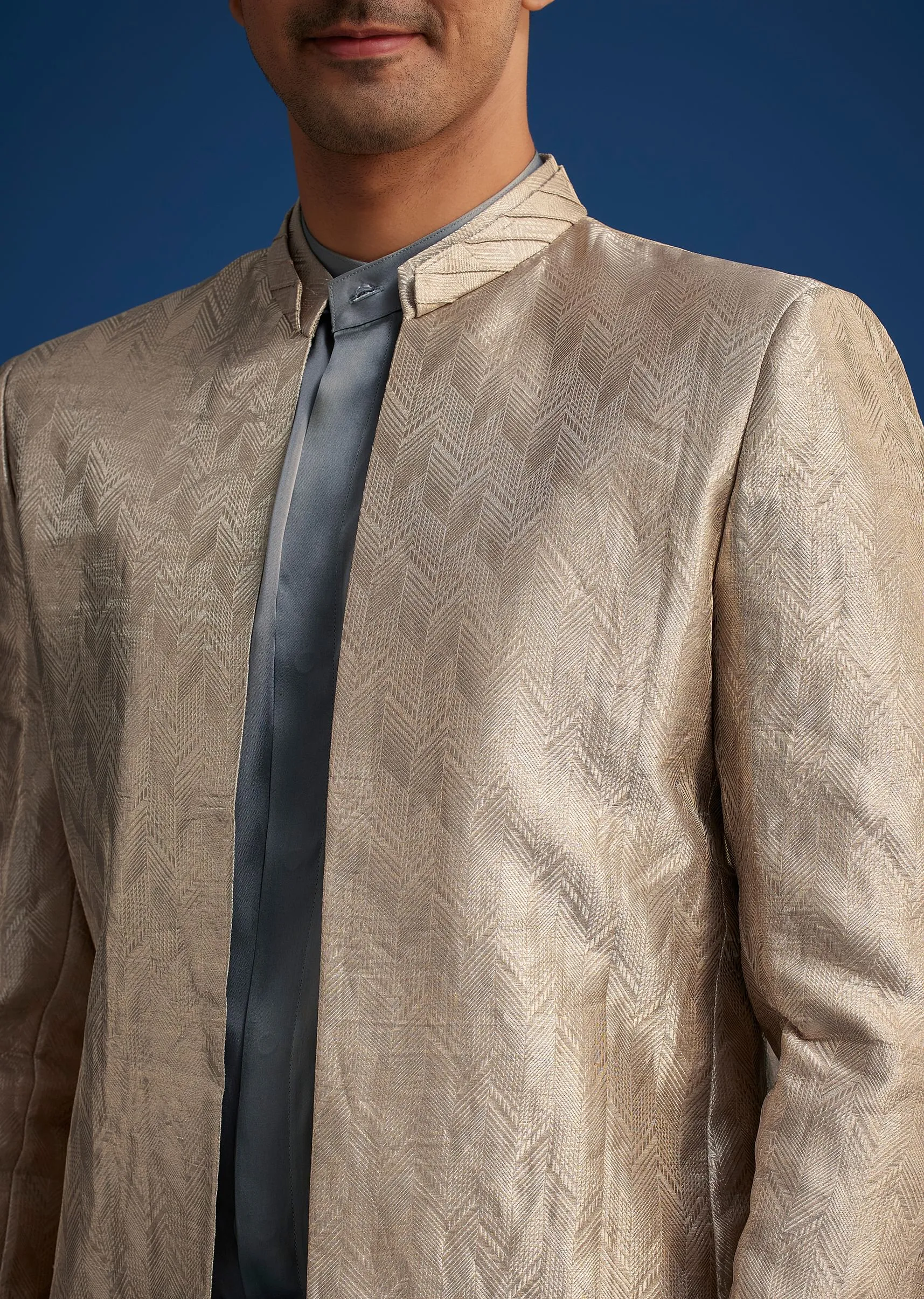 Blue Banarasi Silk Jodhpuri Suit With Pin Tuck Double Collar