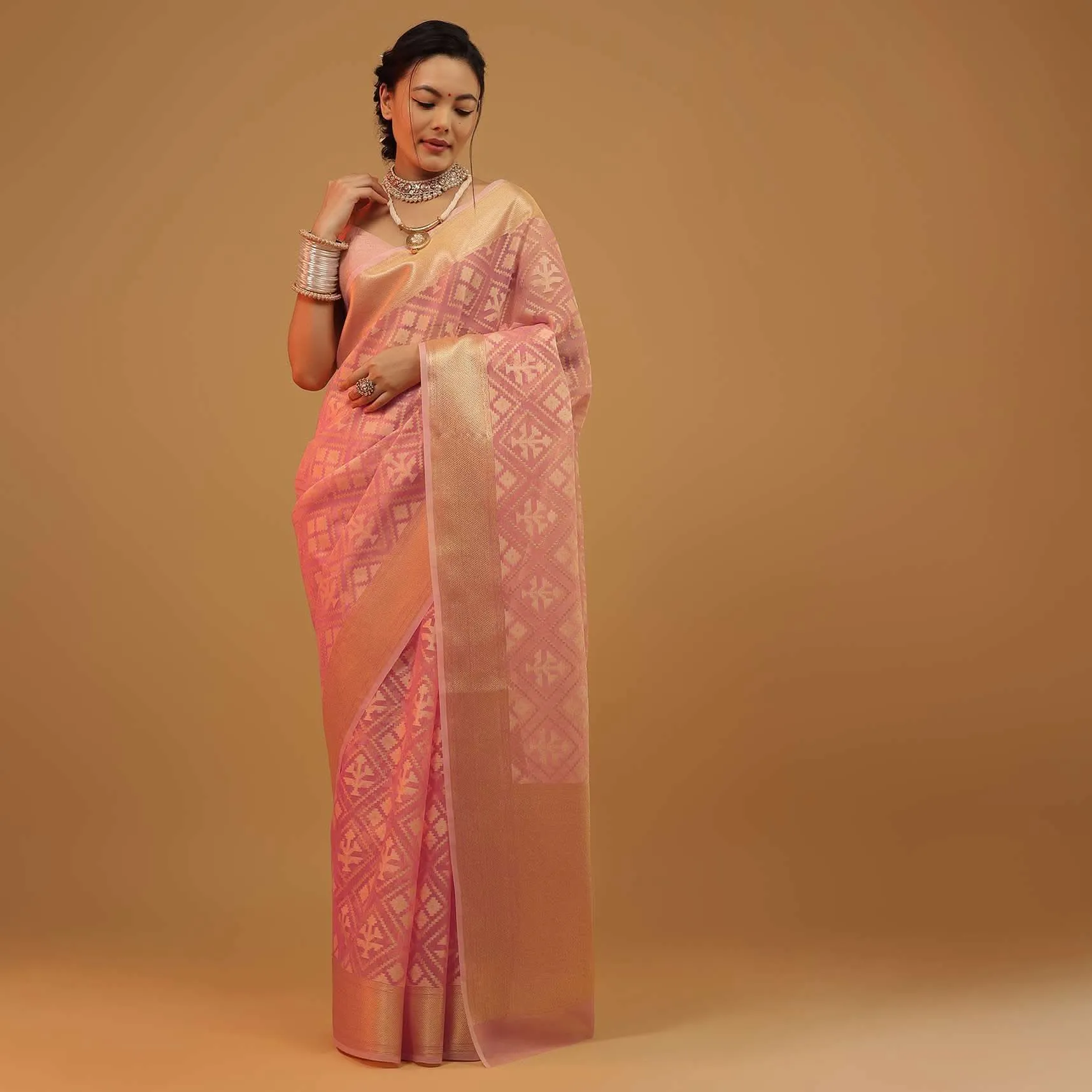 Blush Pink Saree In Banarasi Chanderi And Pure Handloom Cotton With Brocade Embroidery
