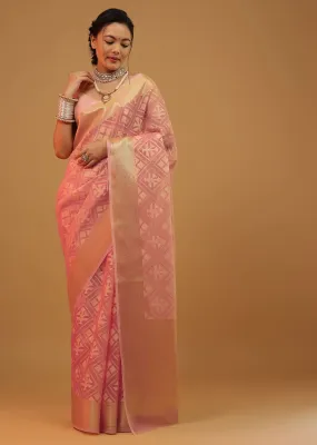 Blush Pink Saree In Banarasi Chanderi And Pure Handloom Cotton With Brocade Embroidery