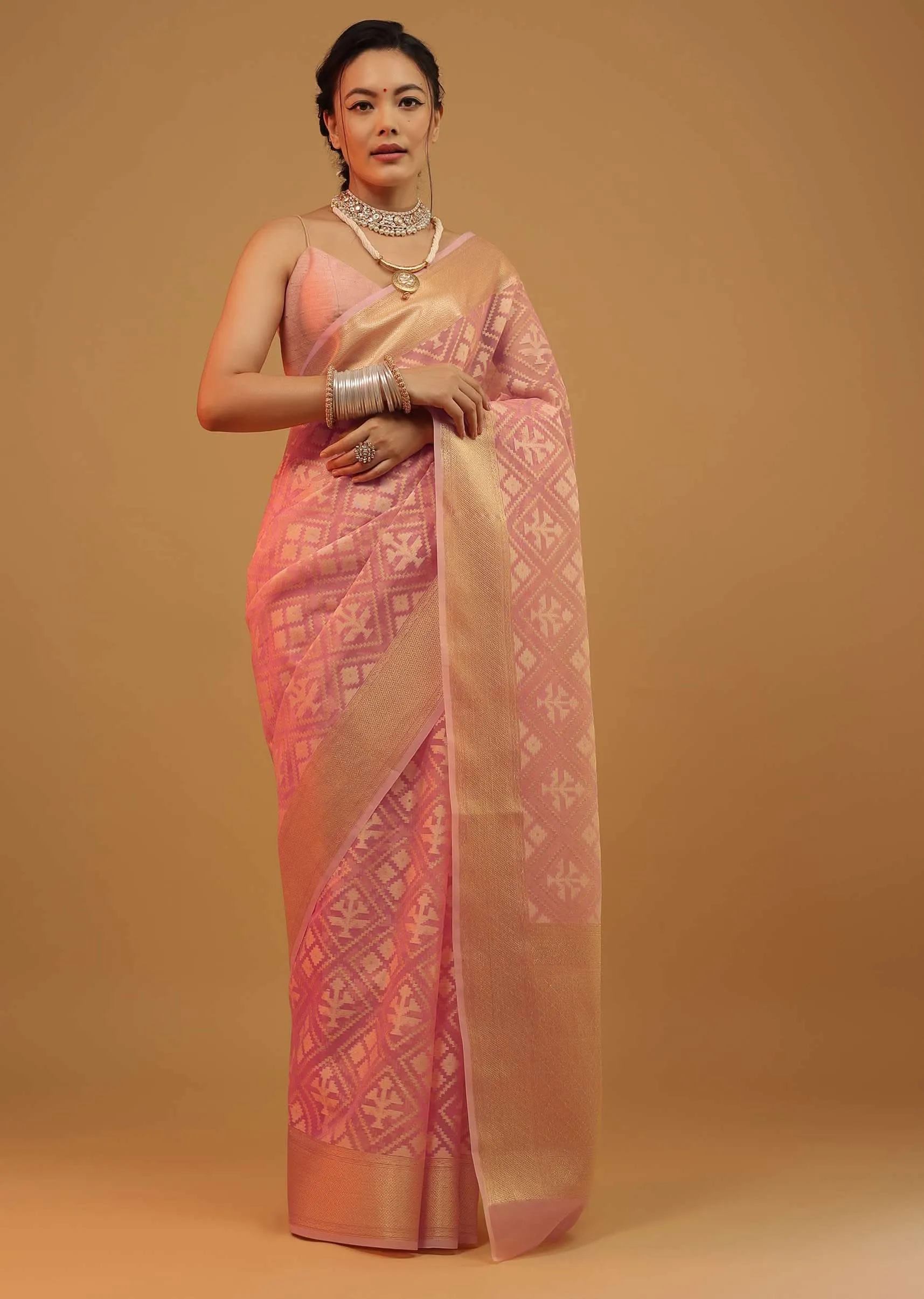 Blush Pink Saree In Banarasi Chanderi And Pure Handloom Cotton With Brocade Embroidery