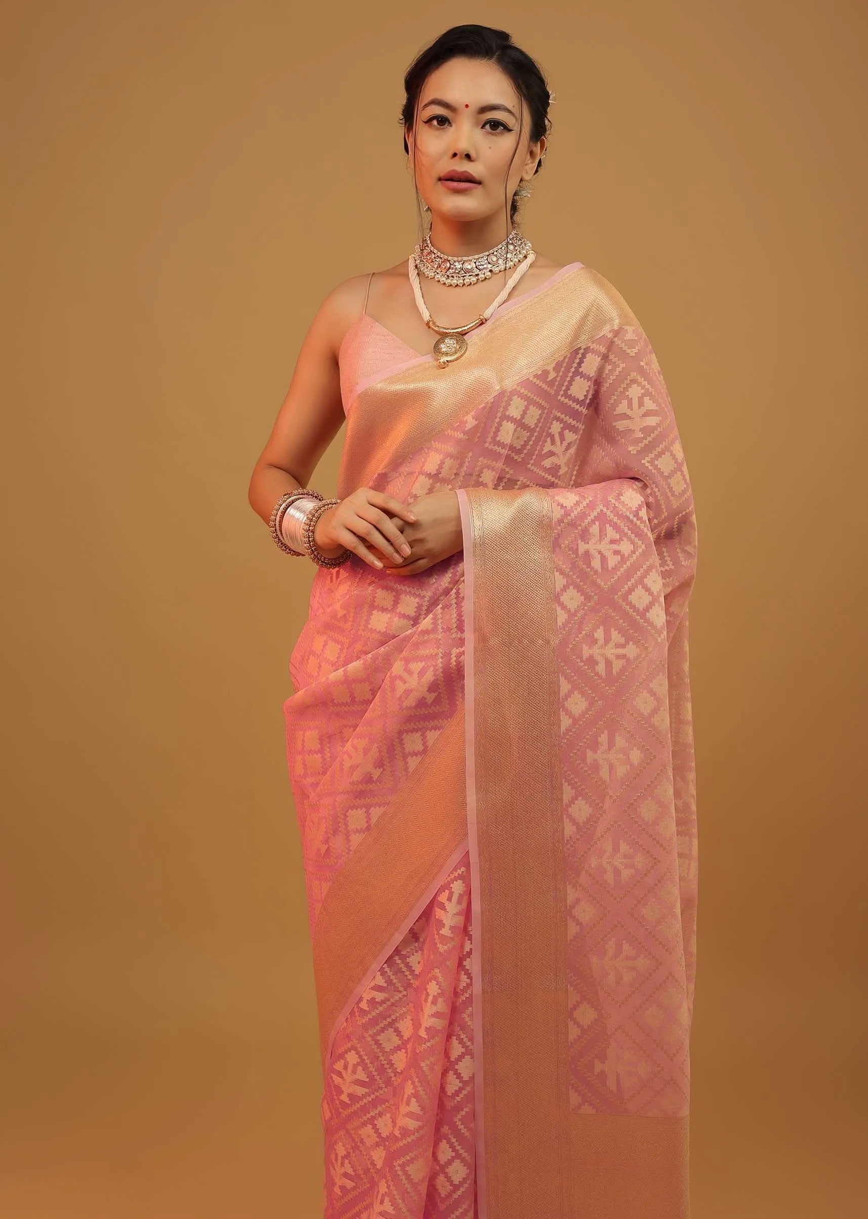 Blush Pink Saree In Banarasi Chanderi And Pure Handloom Cotton With Brocade Embroidery