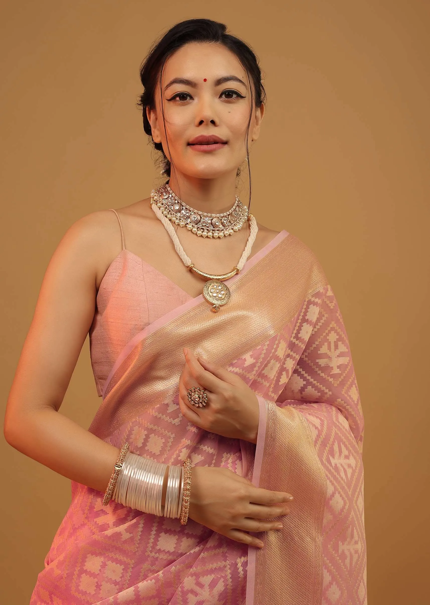 Blush Pink Saree In Banarasi Chanderi And Pure Handloom Cotton With Brocade Embroidery