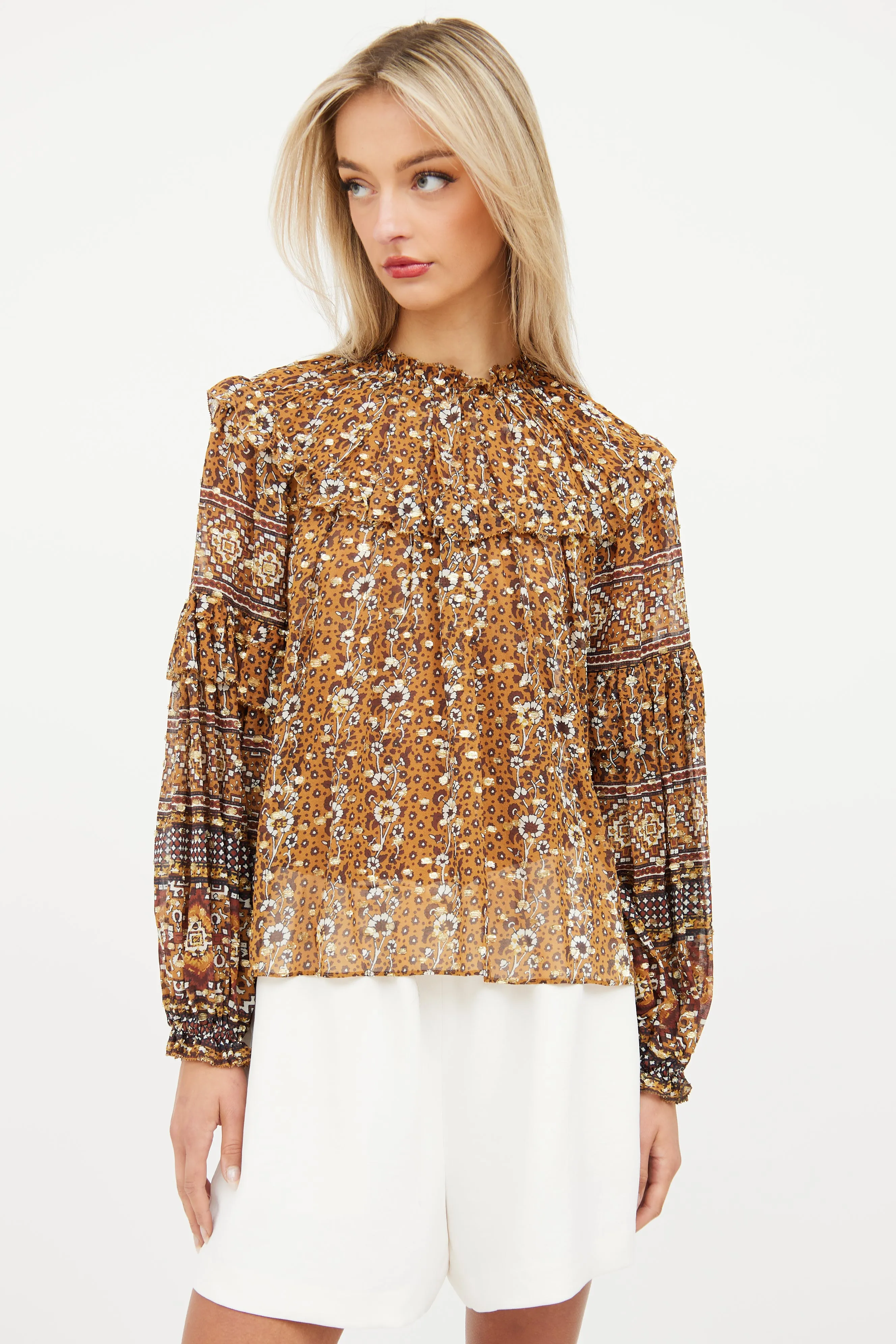 Brown & Gold Silk Ruffle Top