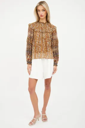 Brown & Gold Silk Ruffle Top