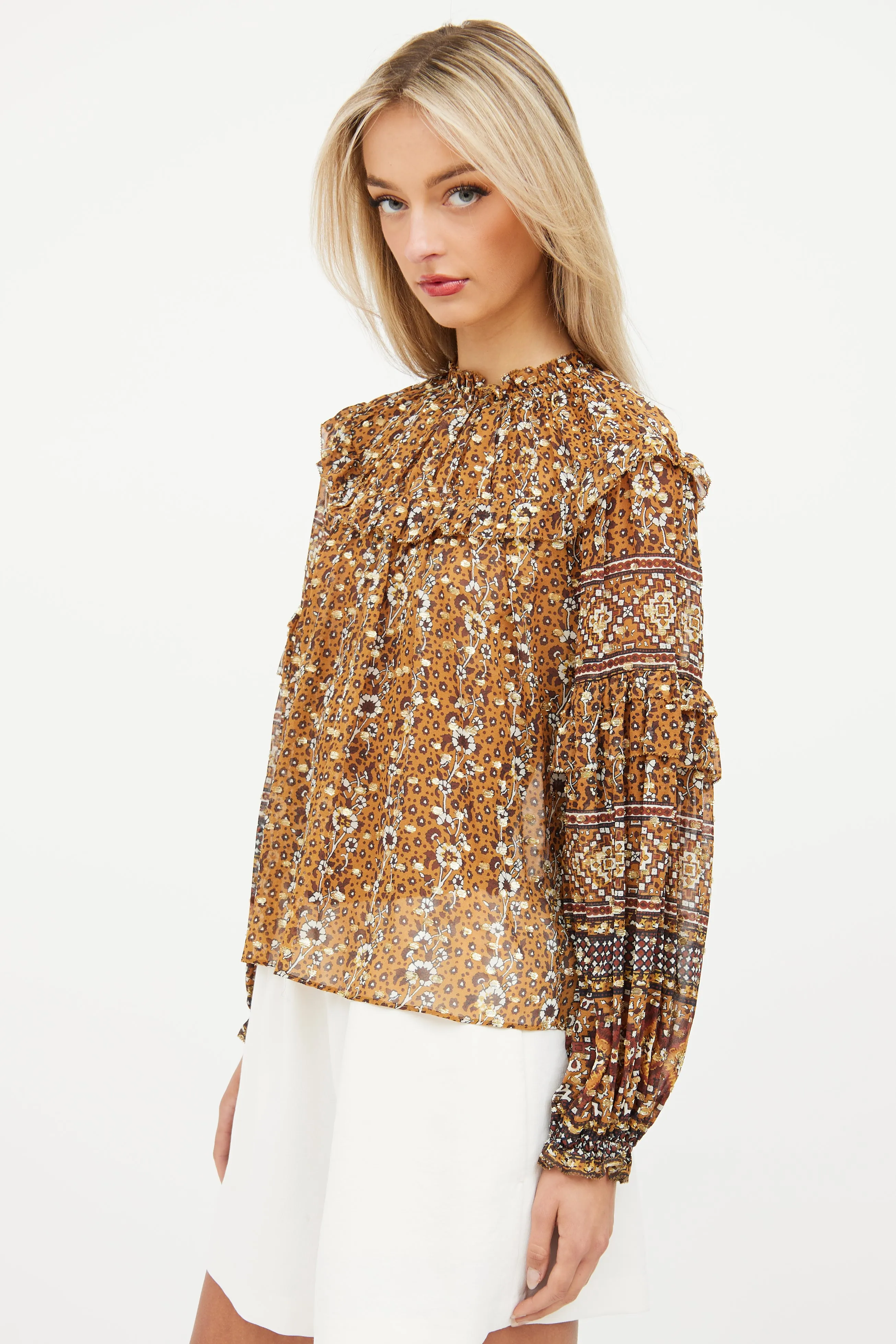 Brown & Gold Silk Ruffle Top