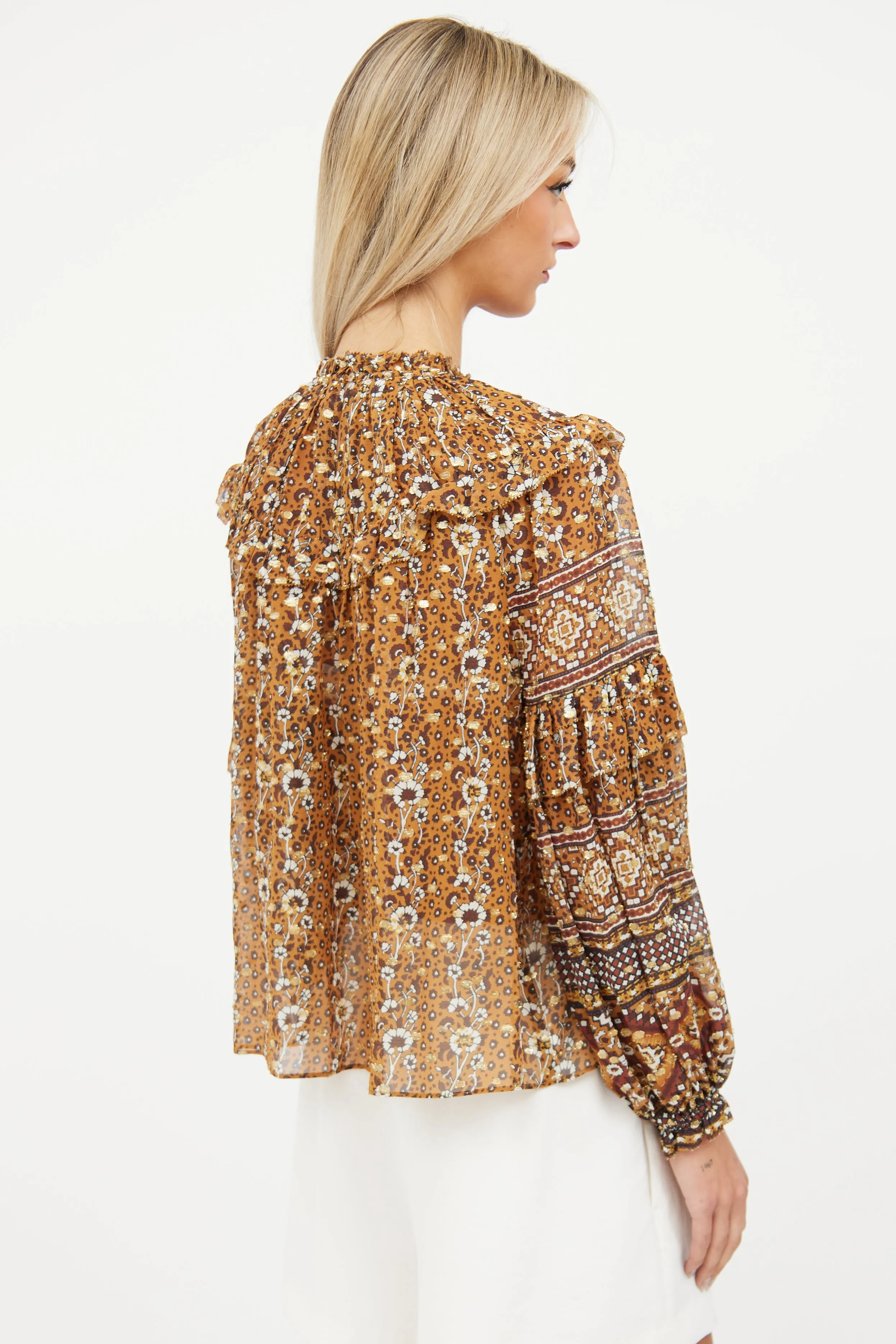Brown & Gold Silk Ruffle Top