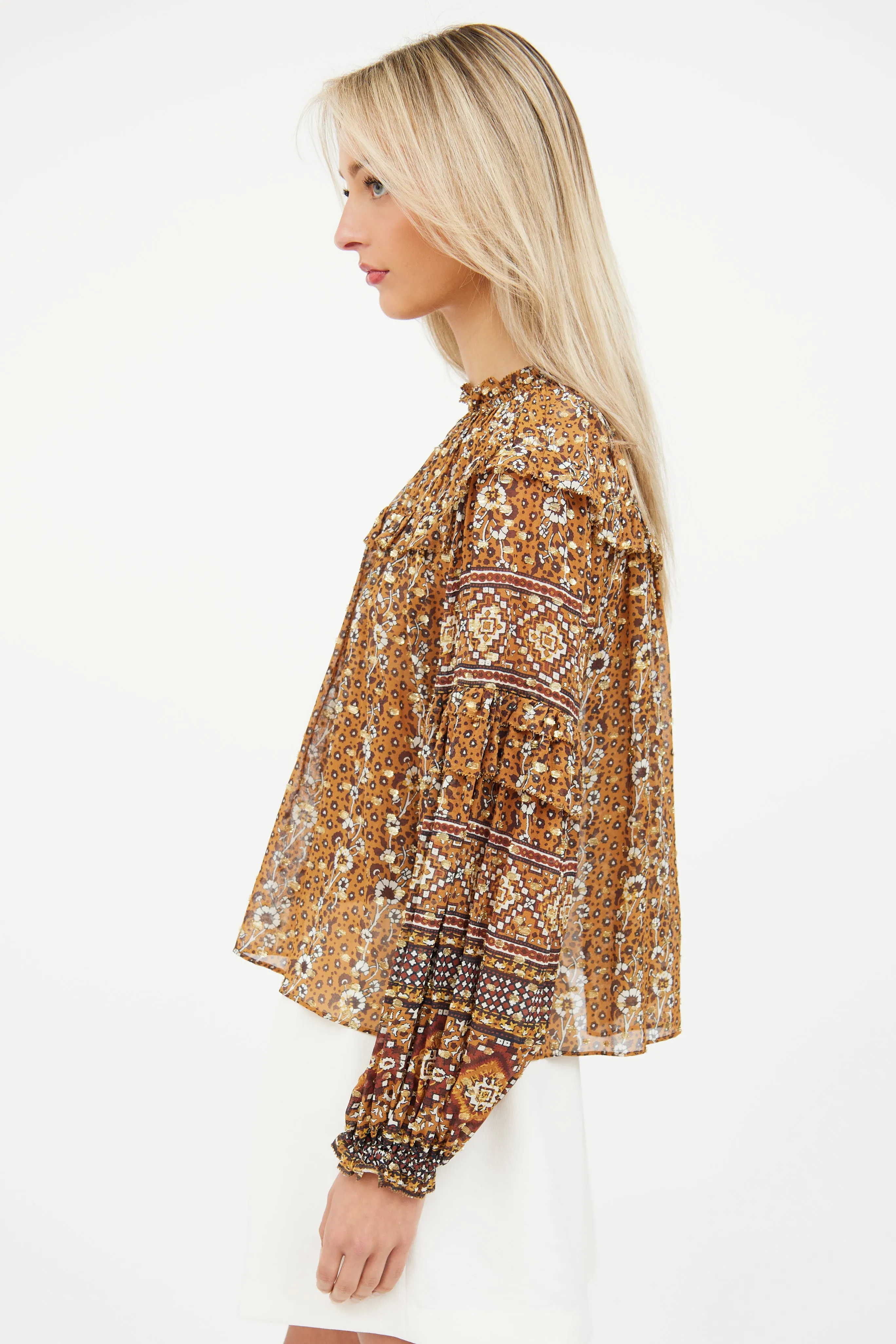 Brown & Gold Silk Ruffle Top