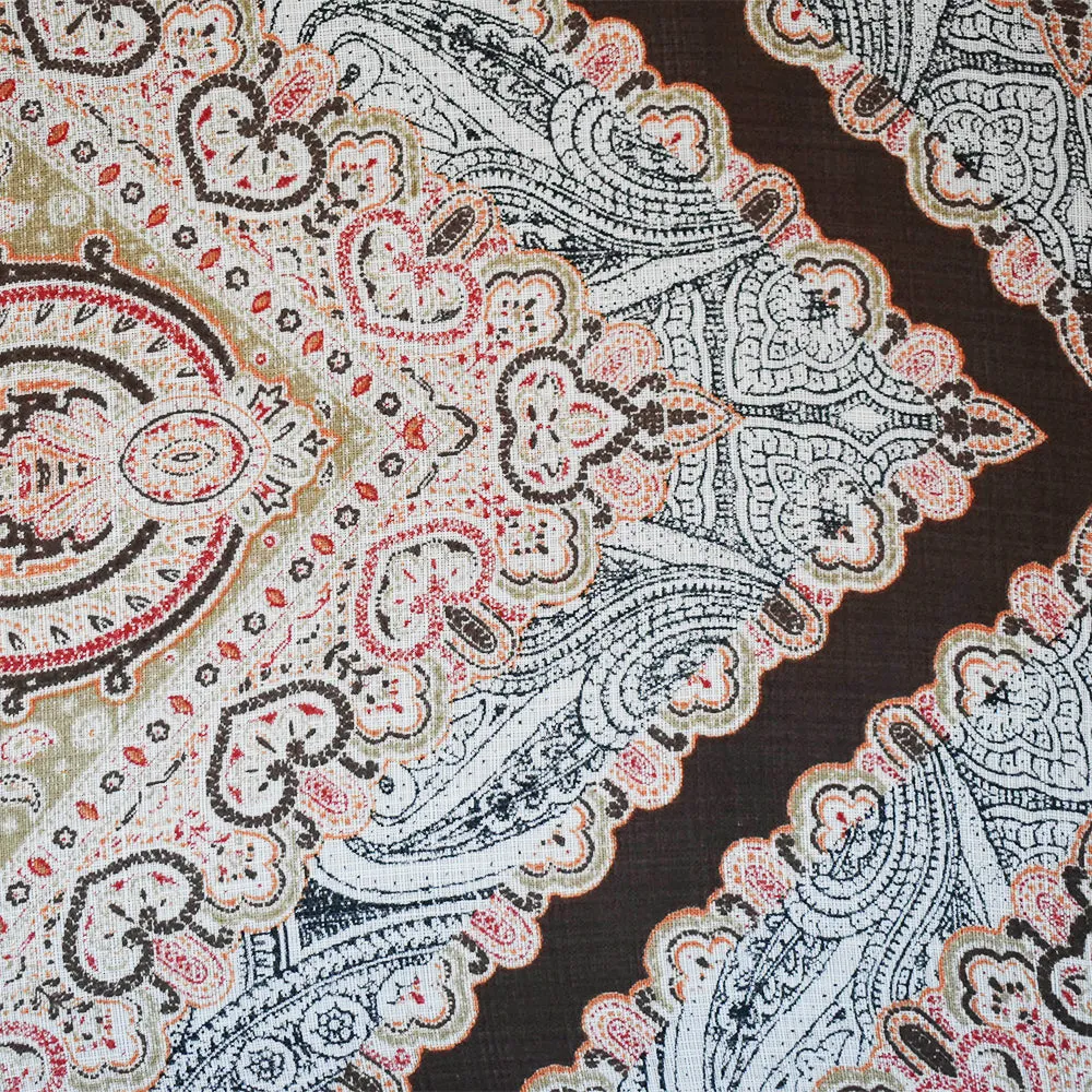 Brown-Orange-Multi Nylon Tile Baroque Printed Sheer Woven Fabric