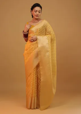 Chrome Amber Yellow Saree In Cotton And Banarasi Chanderi Butti Woven Pattern