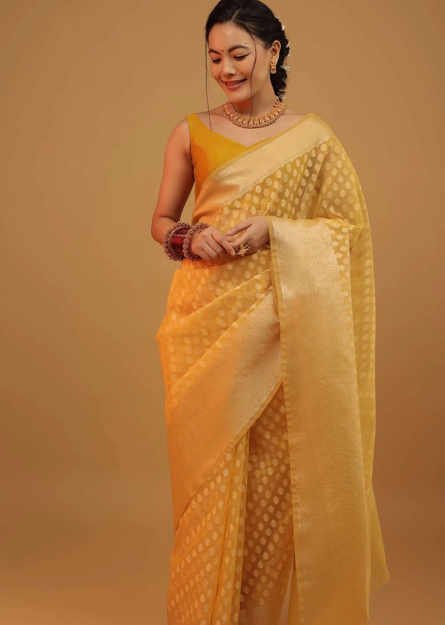 Chrome Amber Yellow Saree In Cotton And Banarasi Chanderi Butti Woven Pattern