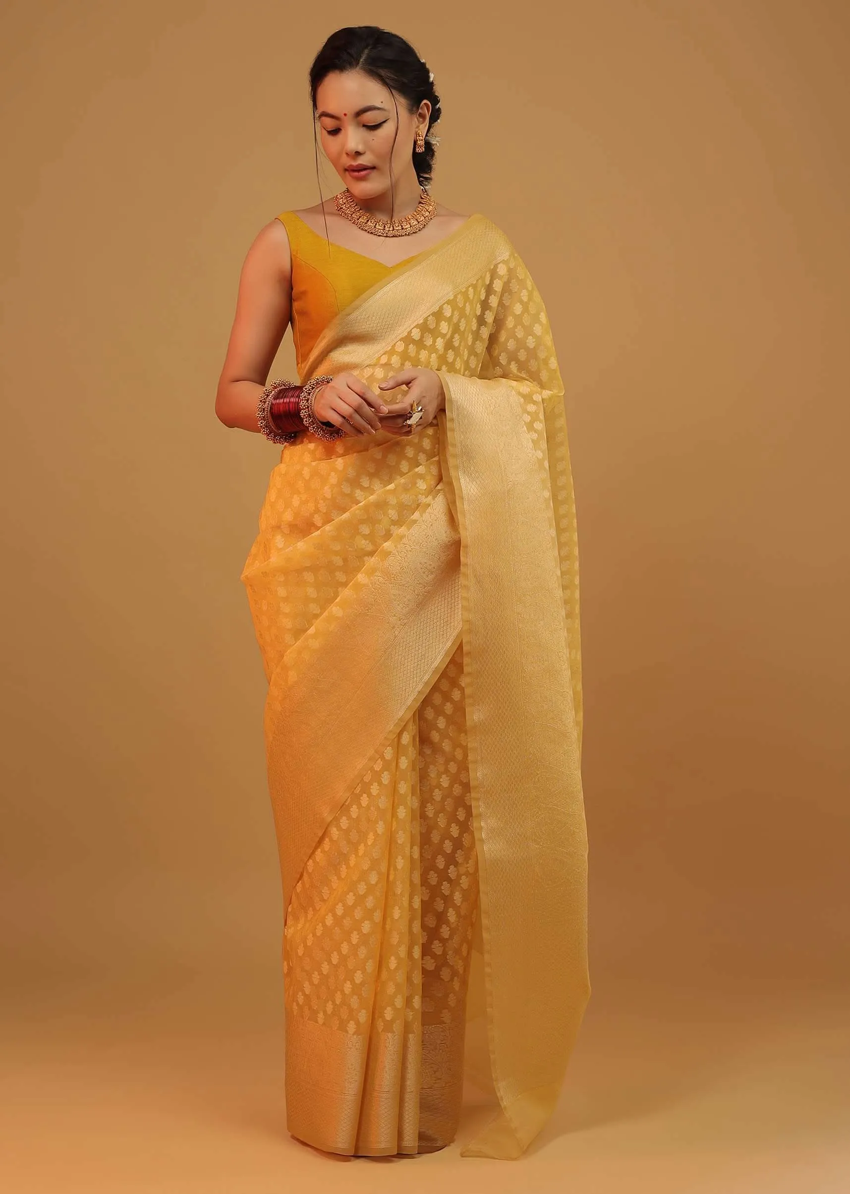 Chrome Amber Yellow Saree In Cotton And Banarasi Chanderi Butti Woven Pattern