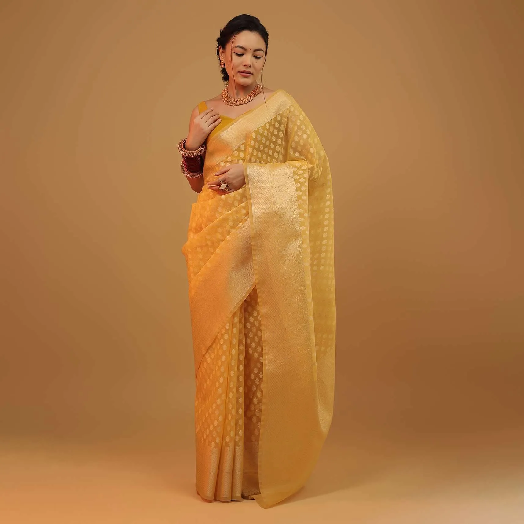 Chrome Amber Yellow Saree In Cotton And Banarasi Chanderi Butti Woven Pattern
