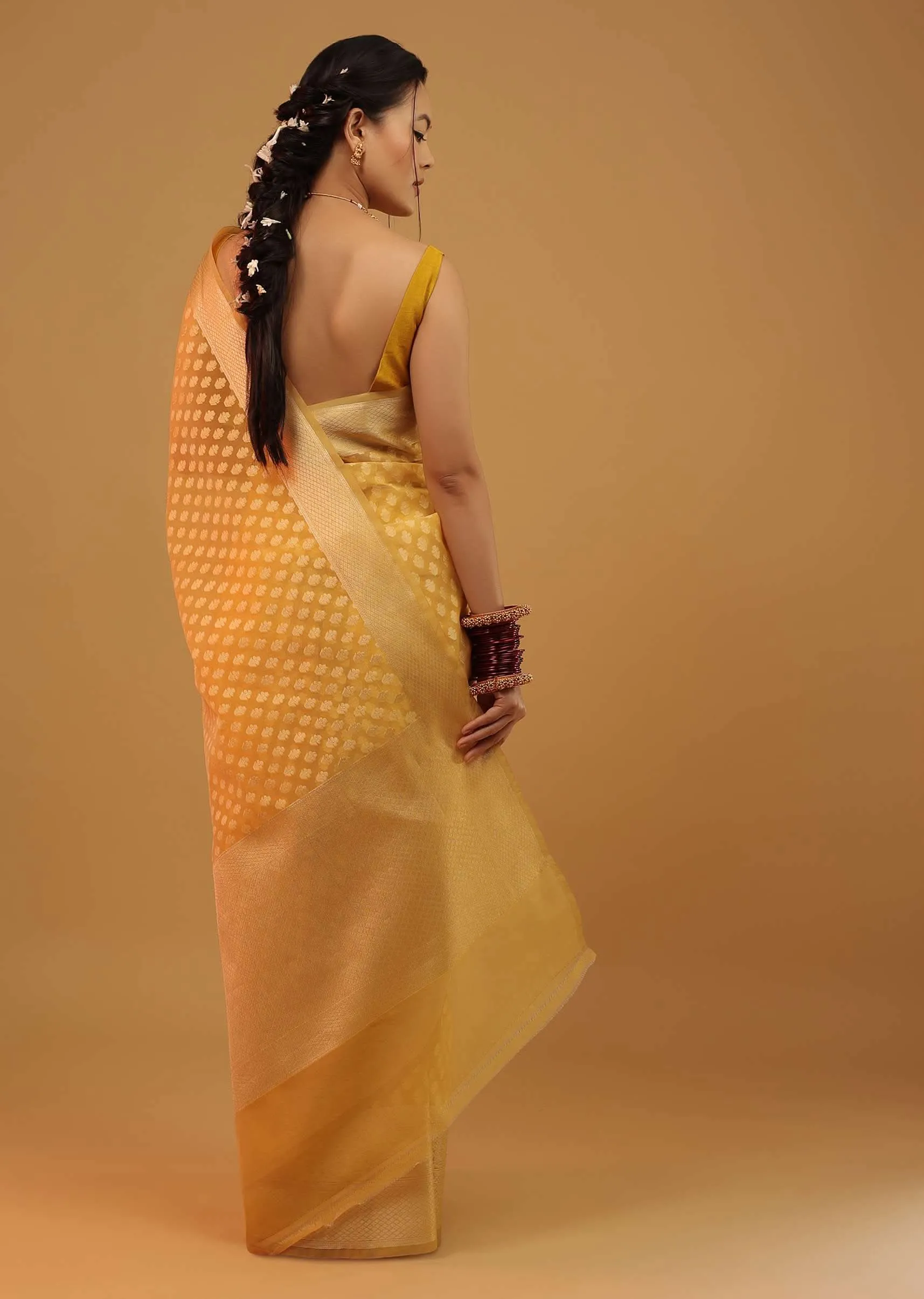 Chrome Amber Yellow Saree In Cotton And Banarasi Chanderi Butti Woven Pattern