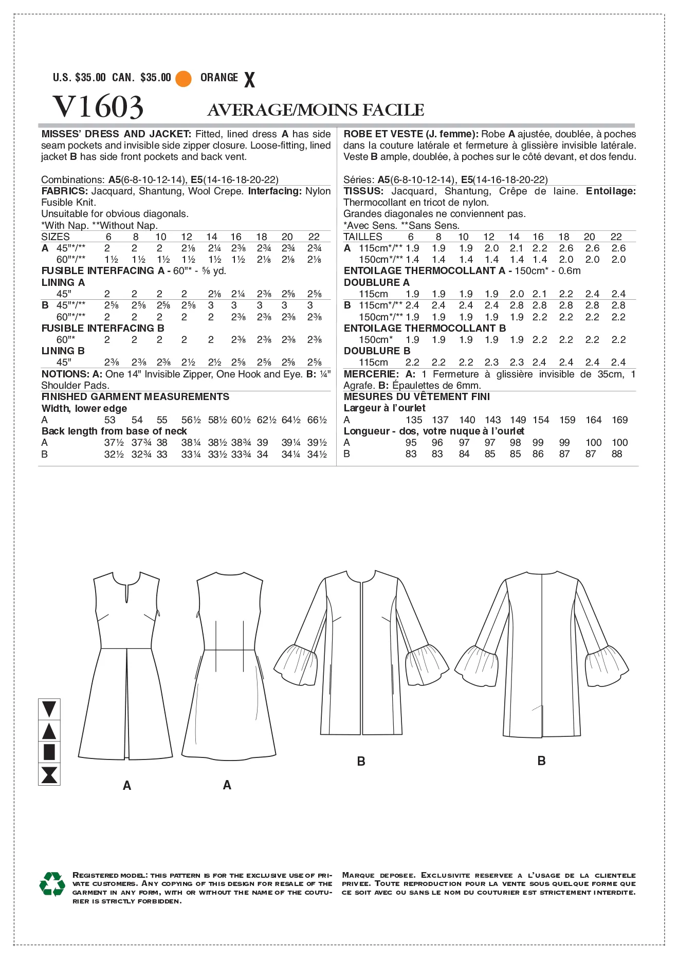 CLEARANCE • VOGUE PATTERNS MISSES' DRESS AND JACKET 1603