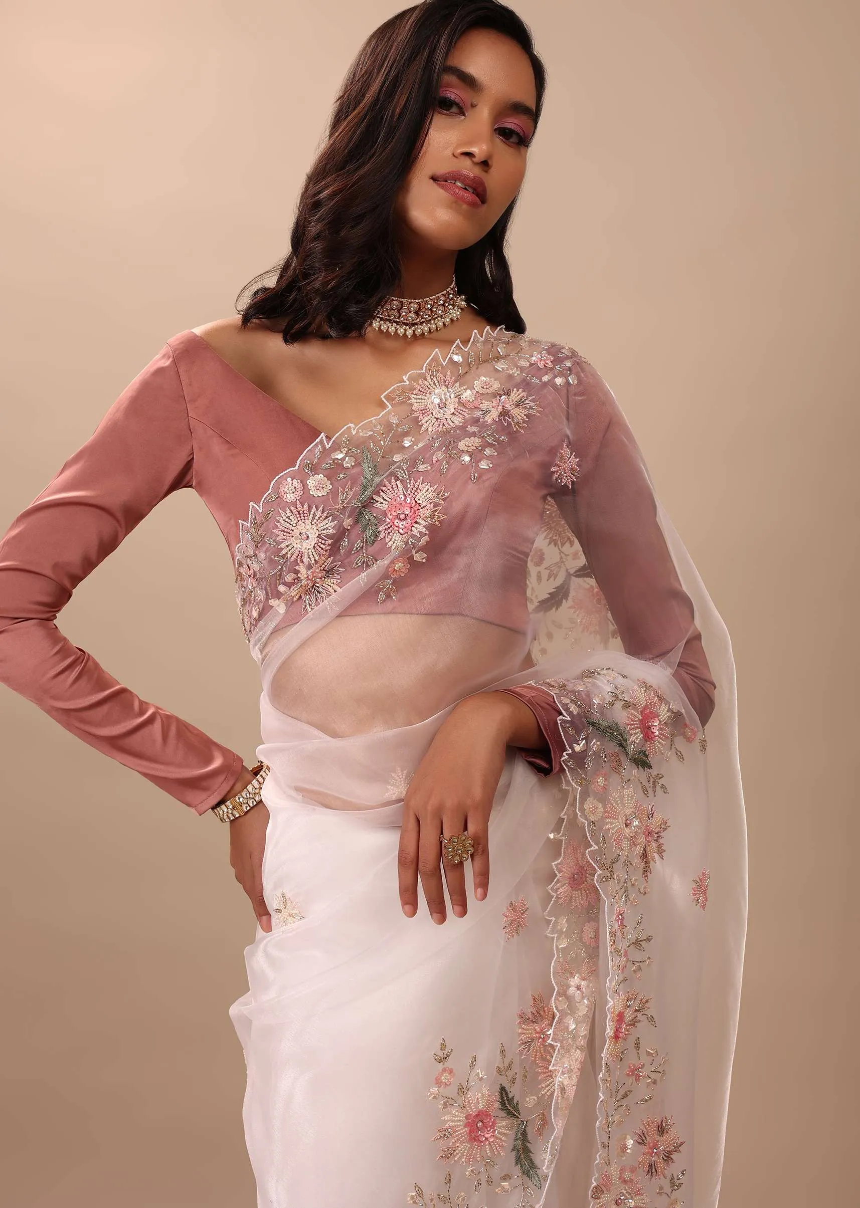 Daisy Dancer White Saree In Organza With 3D Floral Embroidery
