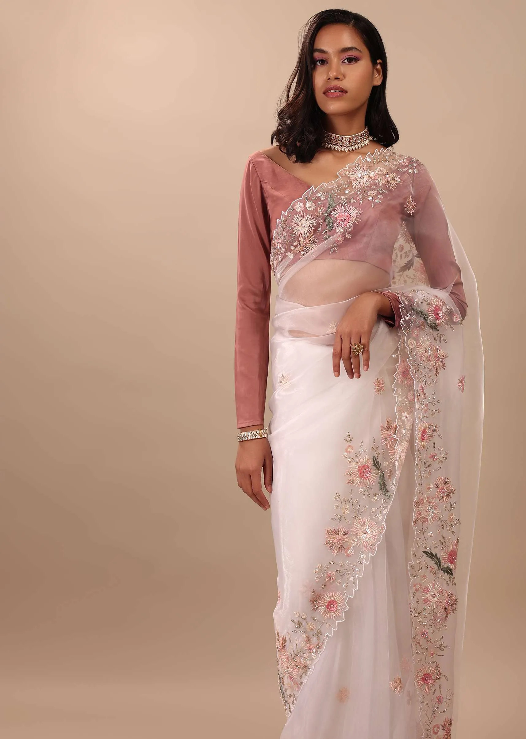 Daisy Dancer White Saree In Organza With 3D Floral Embroidery