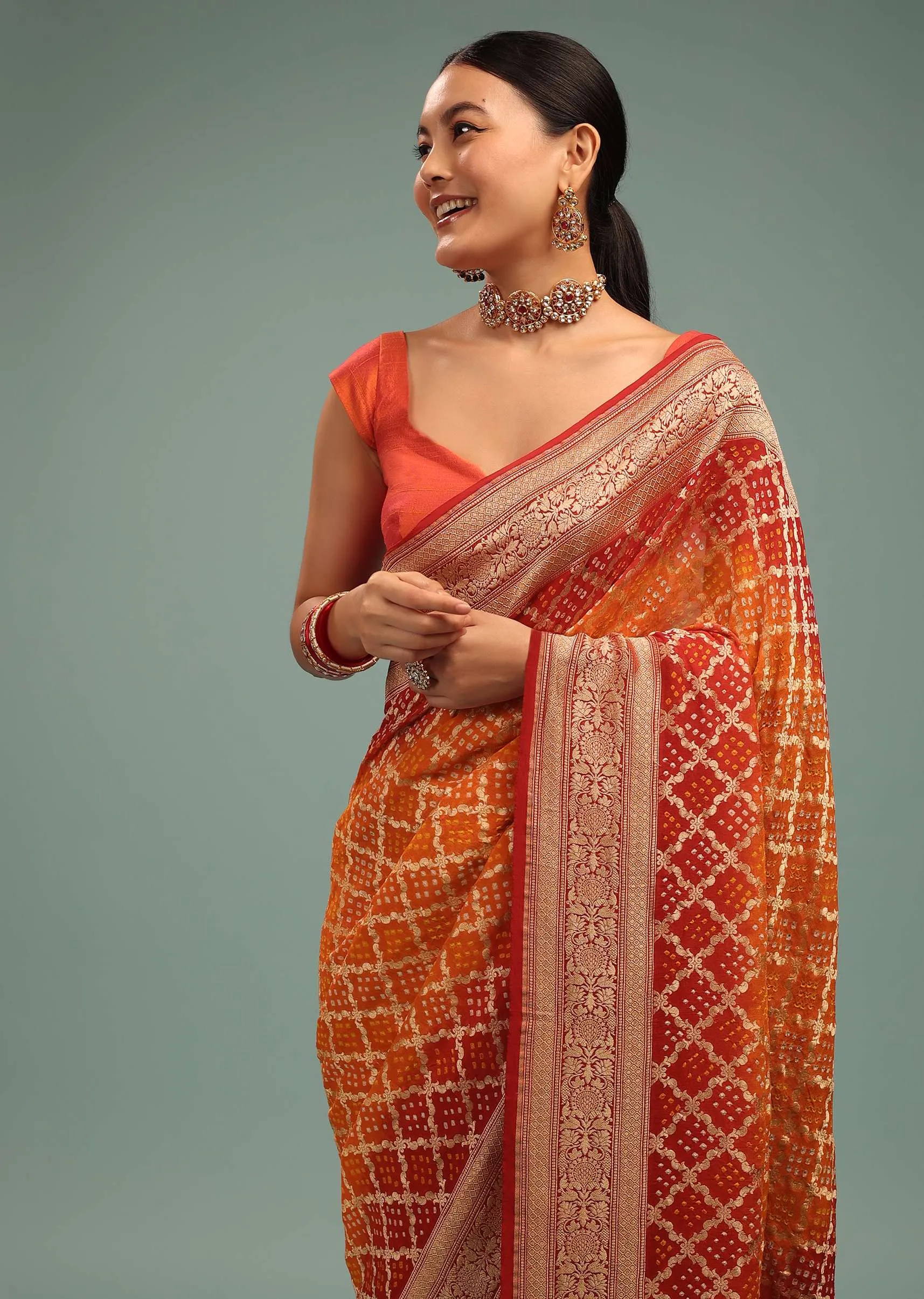 Dual-Tone Tango Red And Orange Saree In Georgette With Bandhani Handwoven Brocade Embroidery