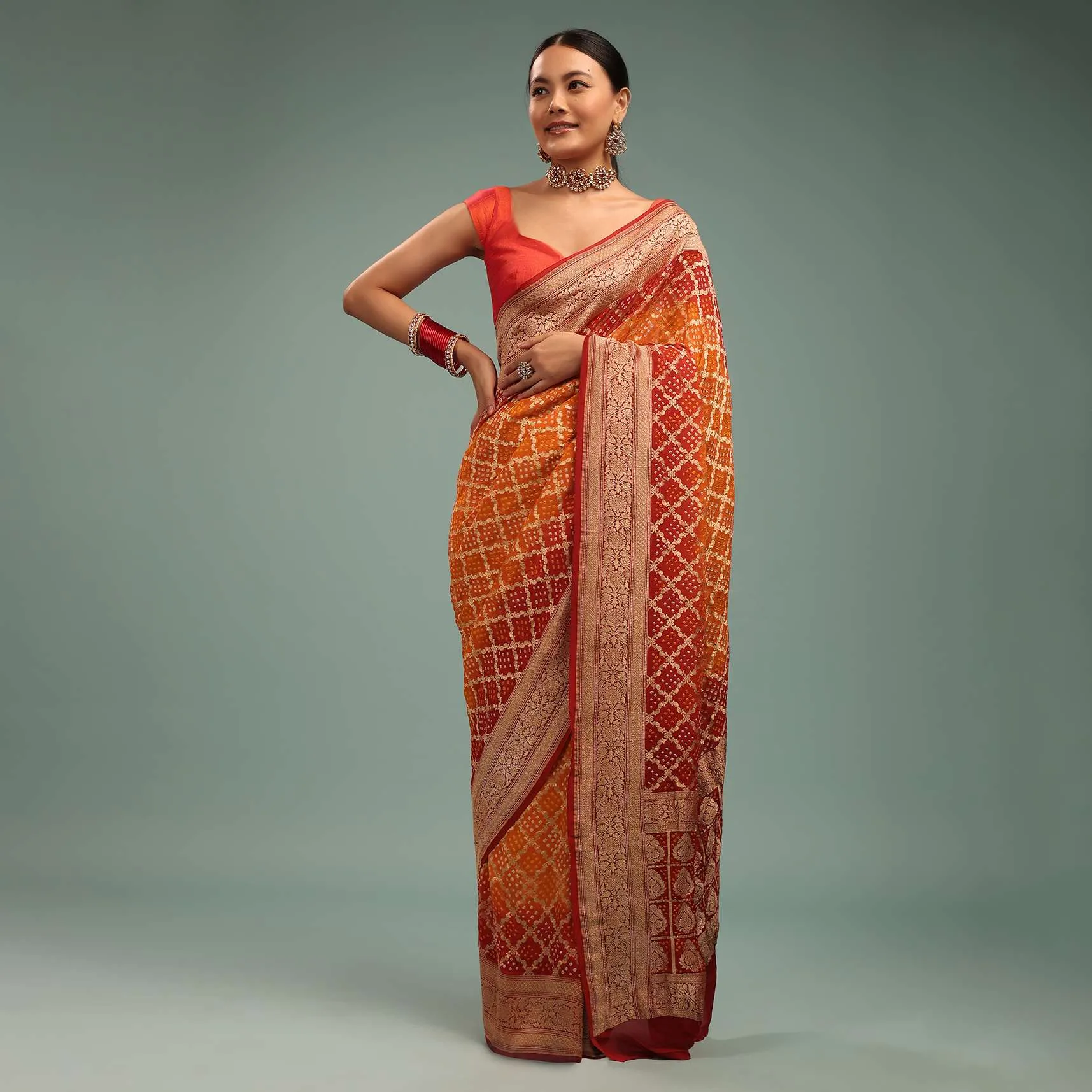 Dual-Tone Tango Red And Orange Saree In Georgette With Bandhani Handwoven Brocade Embroidery