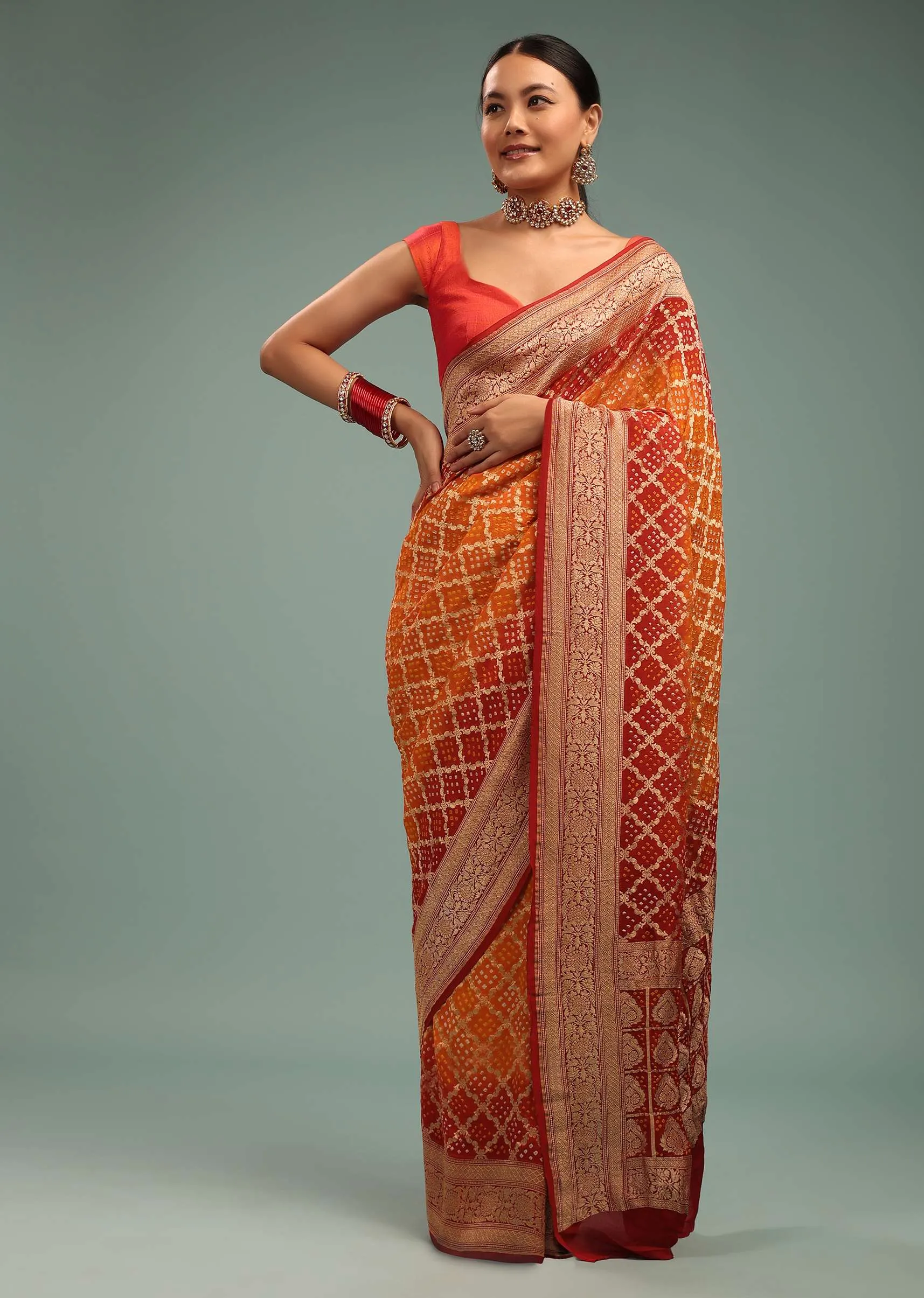 Dual-Tone Tango Red And Orange Saree In Georgette With Bandhani Handwoven Brocade Embroidery