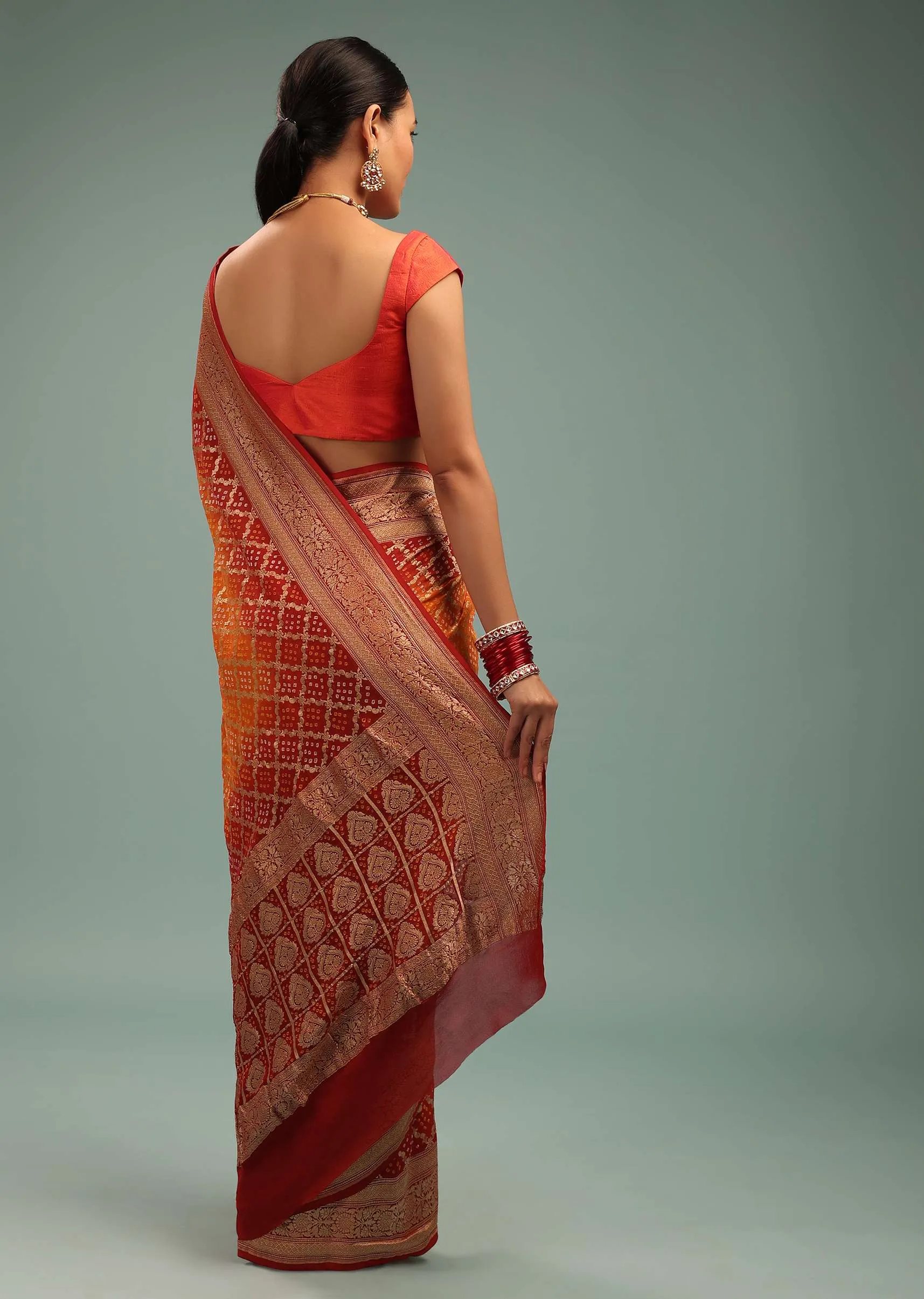 Dual-Tone Tango Red And Orange Saree In Georgette With Bandhani Handwoven Brocade Embroidery