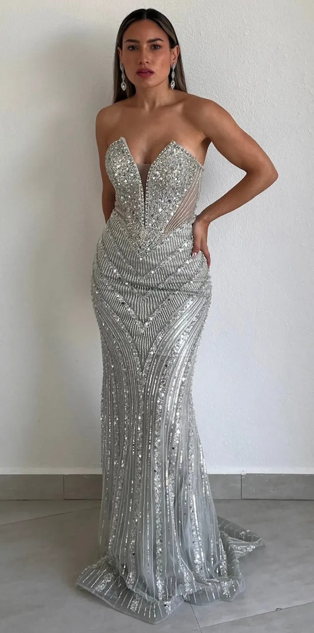 Elaborate Glam Silver Beaded Formal Gown