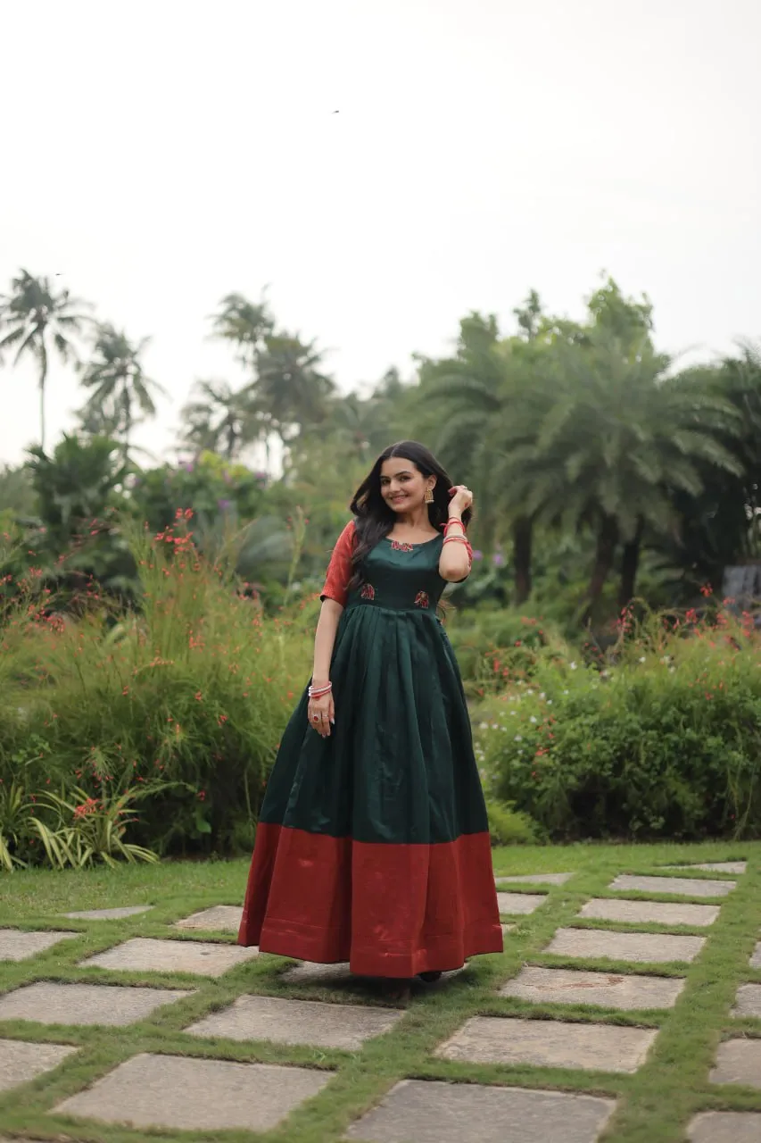 Elegant Banarasi Jacquard Silk Green Gown with Textured Weave