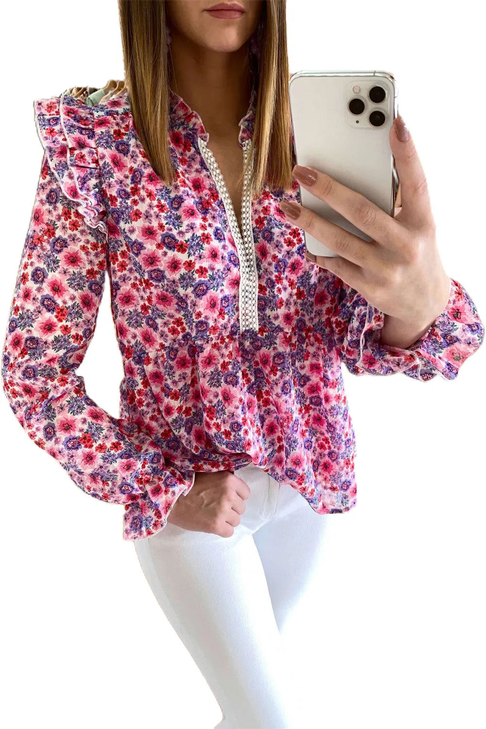 Floral Pattern Peplum Blouse with Ruffles