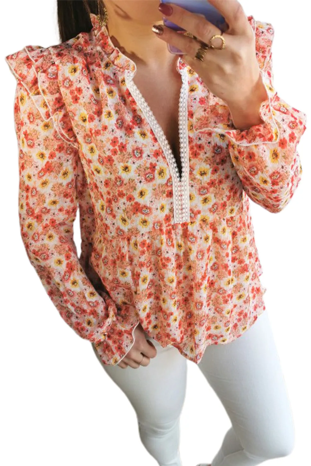Floral Pattern Peplum Blouse with Ruffles
