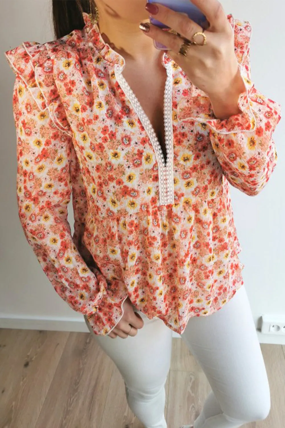 Floral Pattern Peplum Blouse with Ruffles
