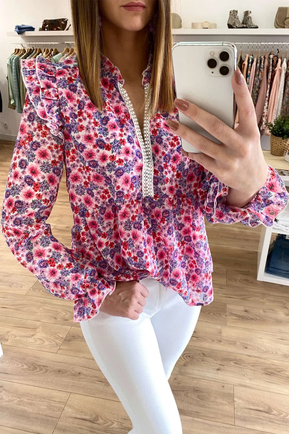 Floral Pattern Peplum Blouse with Ruffles
