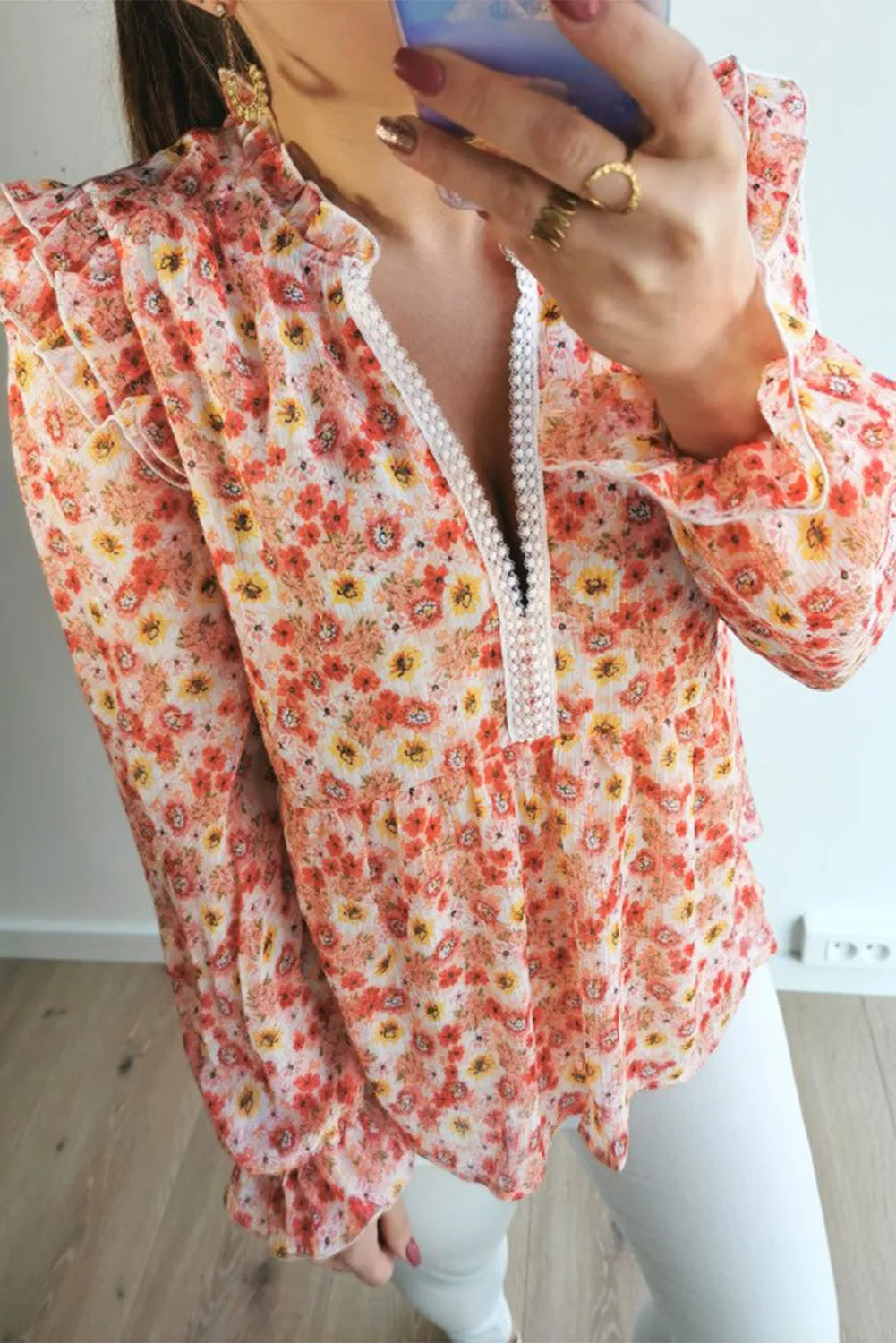 Floral Pattern Peplum Blouse with Ruffles