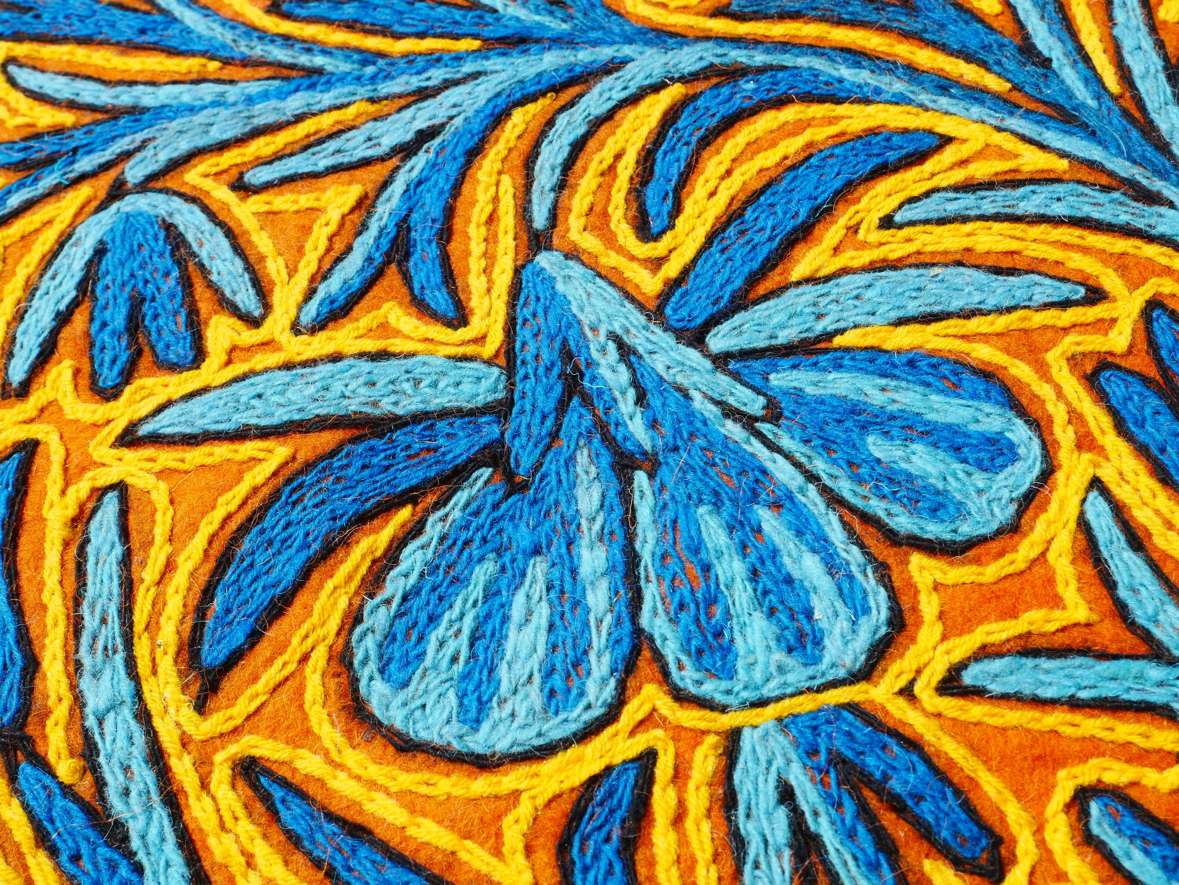 Flower rug - traditional Namda felt rug from Kashmir | hand felted, embroidered 6x4 boo floor seating - boho area rug