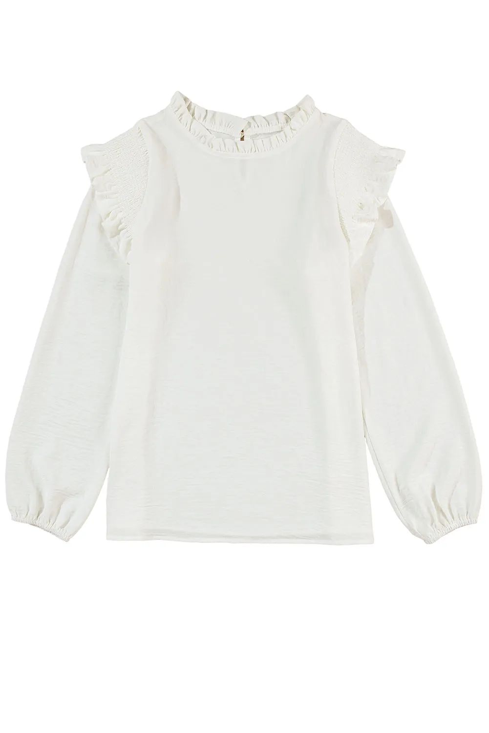 Frilled Neck Ruffled Trim Bubble Sleeve Blouse
