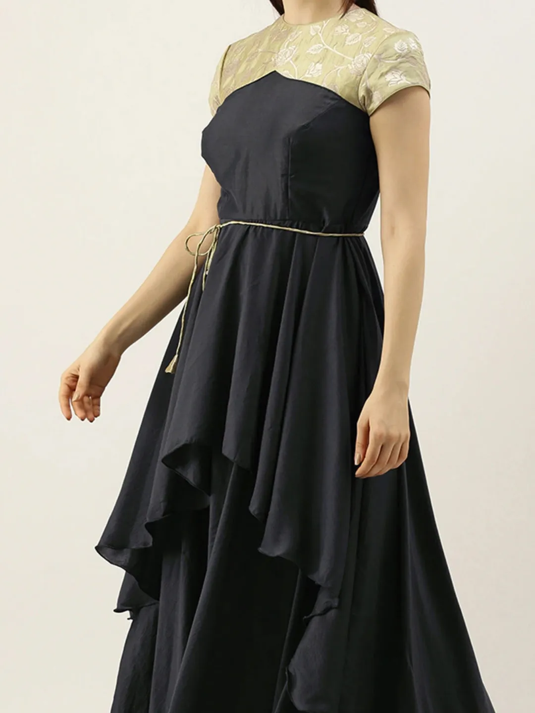 Green & Dark Grey Layered Floor Length Gown
