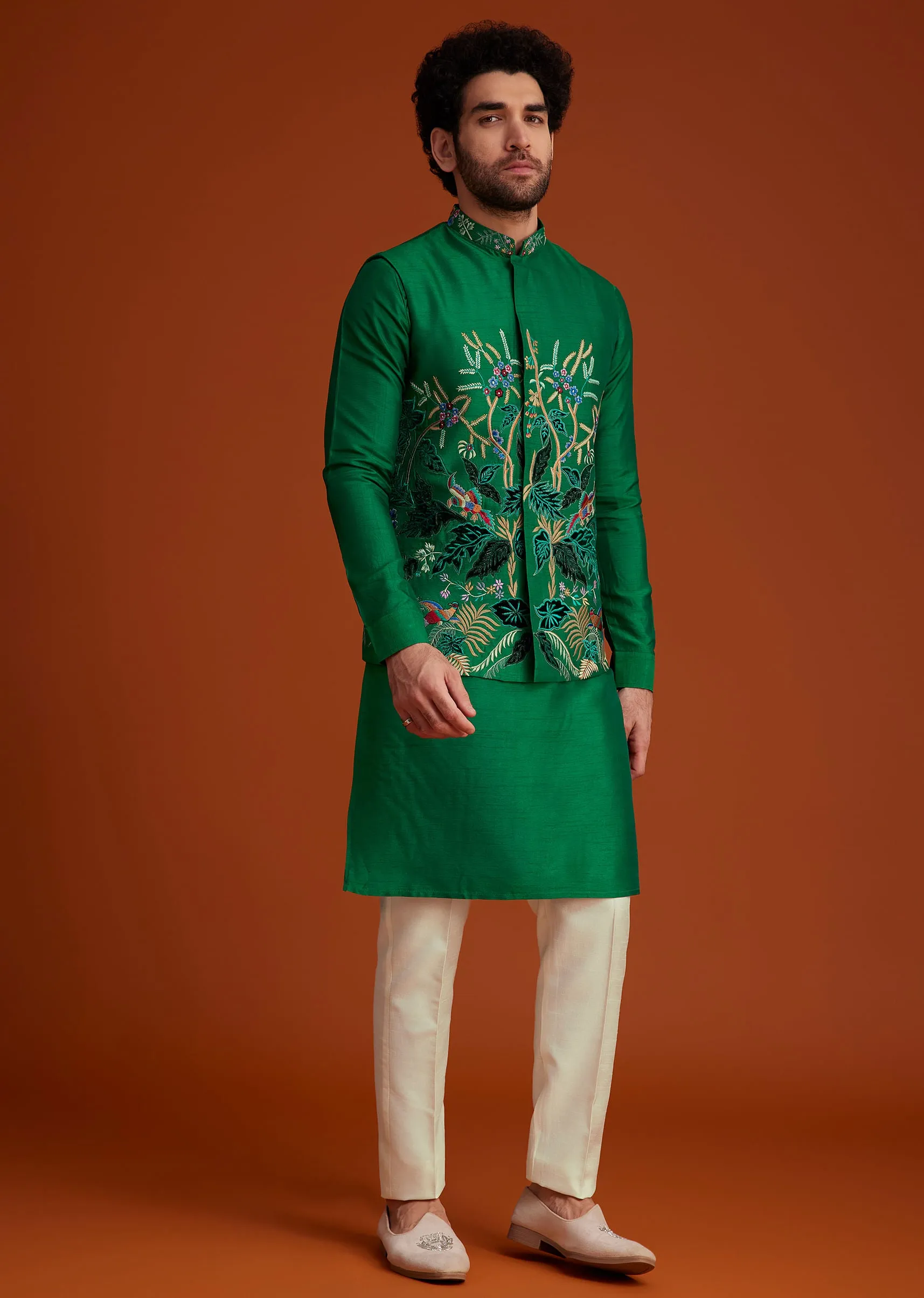 Green Floral Resham Embroidered Kurta Jacket Set